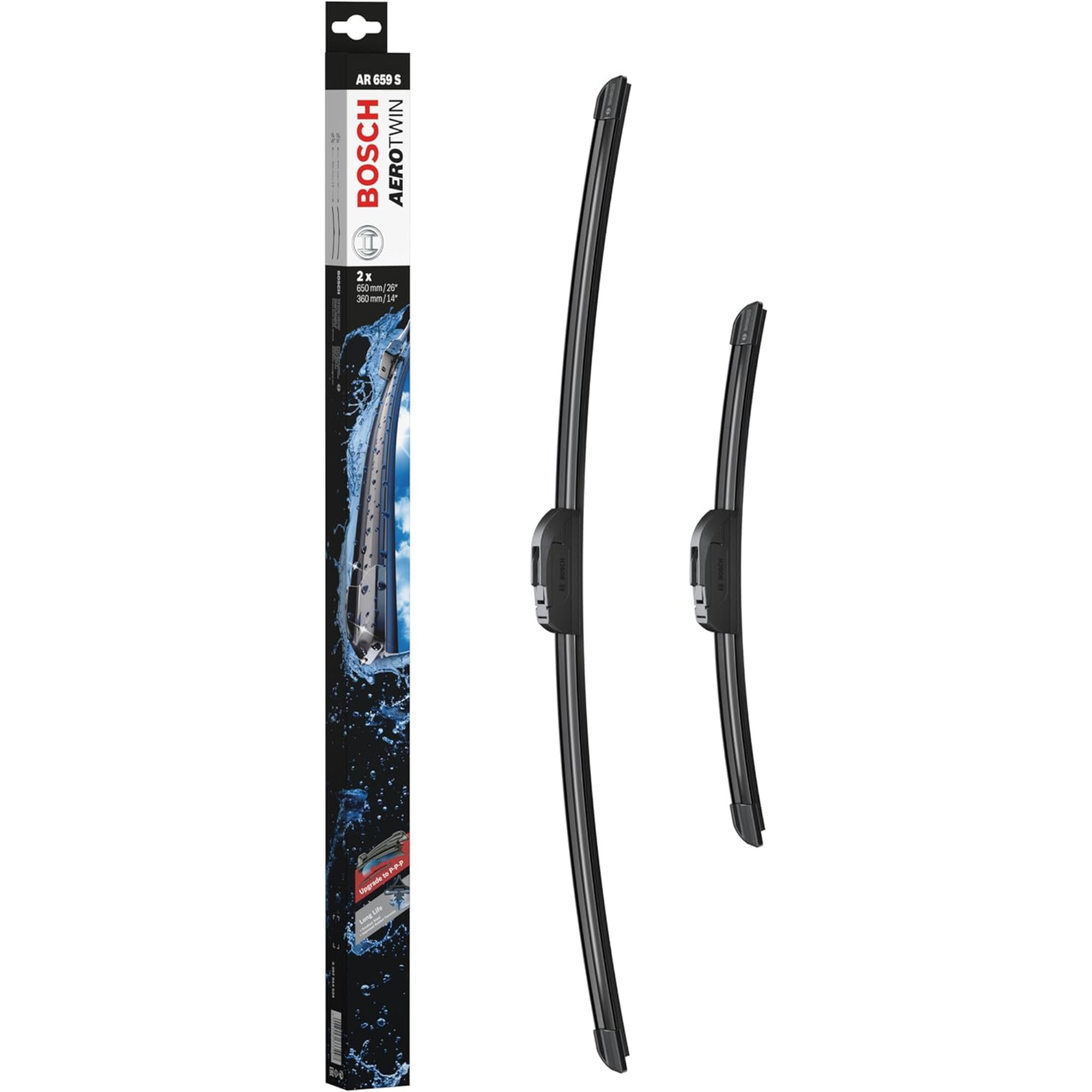 Bosch Aerotwin Flat Wiper Blade Set 26" (650mm) & 14" (360mm) - AR659S driver and passenger blades, model AR659S, delivering smooth, streak-free windshield cleaning