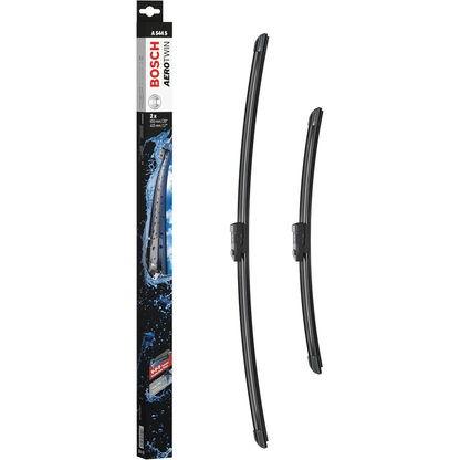 Bosch Aerotwin Flat Wiper Blade Set A544S, 26-inch (650 mm) and 17-inch (425 mm) frameless windshield wipers with aerodynamic design and durable rubber blades for quiet, streak-free front window wiping