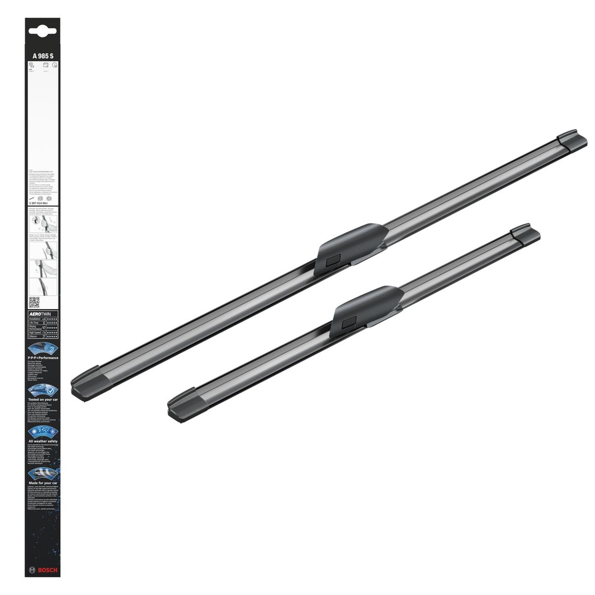 Bosch Aerotwin Flat Wiper Blade Set 26" (650mm) & 19" (475mm) - A985S aerodynamic flat wiper blades designed for smooth, quiet operation and consistent windshield contact for clear visibility in rain