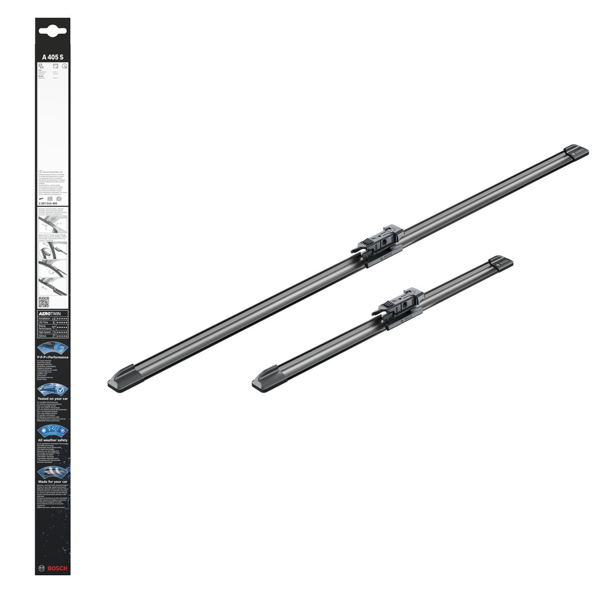 Bosch Aerotwin Flat Wiper Blade Set 28" (700mm) & 13" (340mm) - A405S, frameless aerodynamic car wiper blades, model A405S