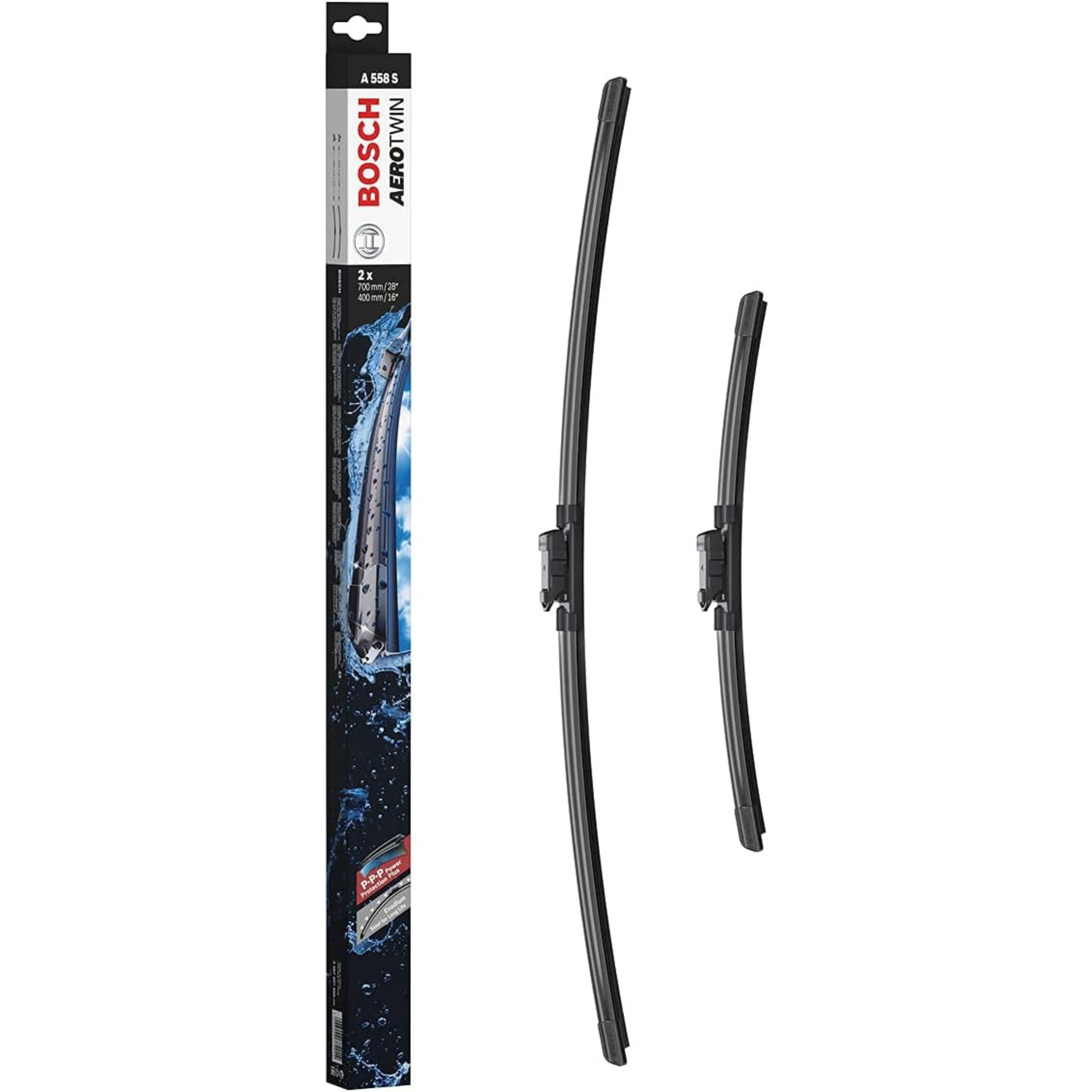 Bosch Aerotwin Flat Wiper Blade Set 28" (700mm) & 16" (400mm) - A558S, frameless aerodynamic car wiper blades, model A558S