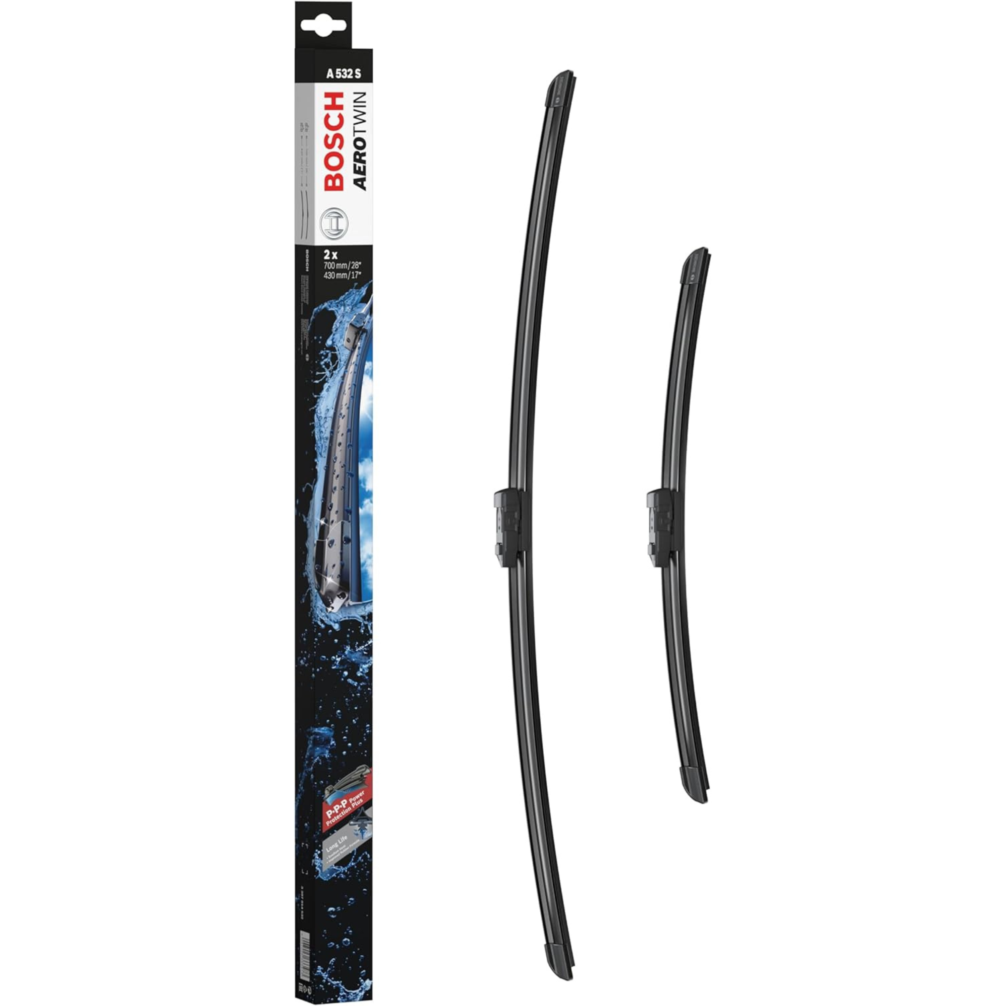 Bosch Aerotwin Flat Wiper Blade Set 28" (700mm) &; 17" (425mm) - A532S), frameless aerodynamic car wiper blades, model A532S.