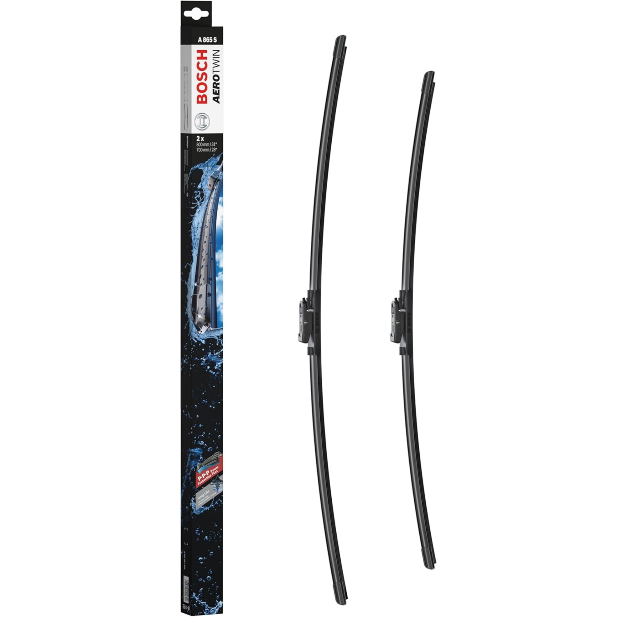 Bosch Aerotwin Flat Wiper Blade Set 32" (800mm) & 28" (700mm) - A865S aerodynamic flat wiper blades designed for smooth, quiet operation and consistent windshield contact for clear visibility in wet conditions.