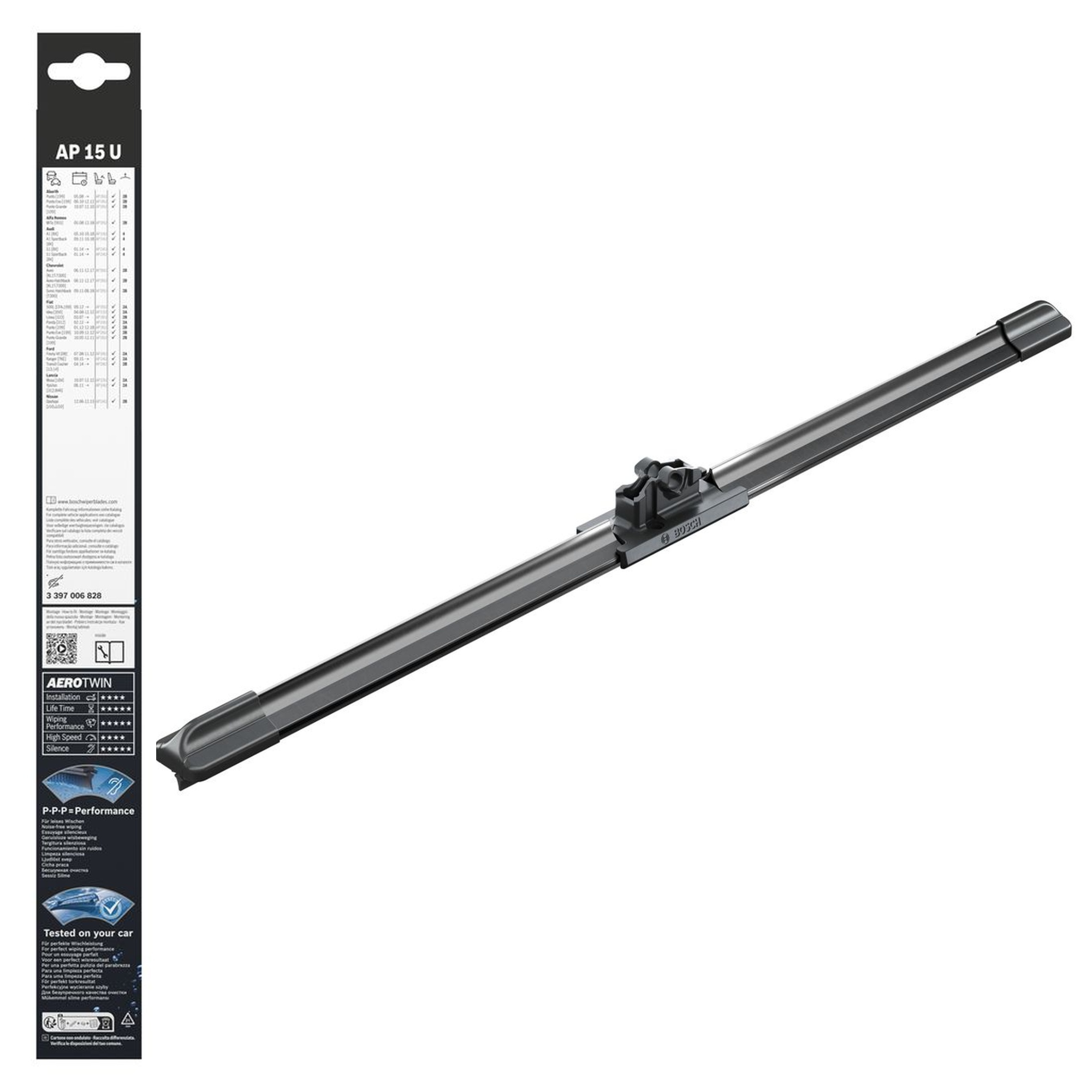 Bosch Aerotwin Plus Flat Wiper Blade AP15U, 15-inch (380 mm) flat windshield wiper with frameless aerodynamic design and durable rubber blade for quiet, streak-free wiping