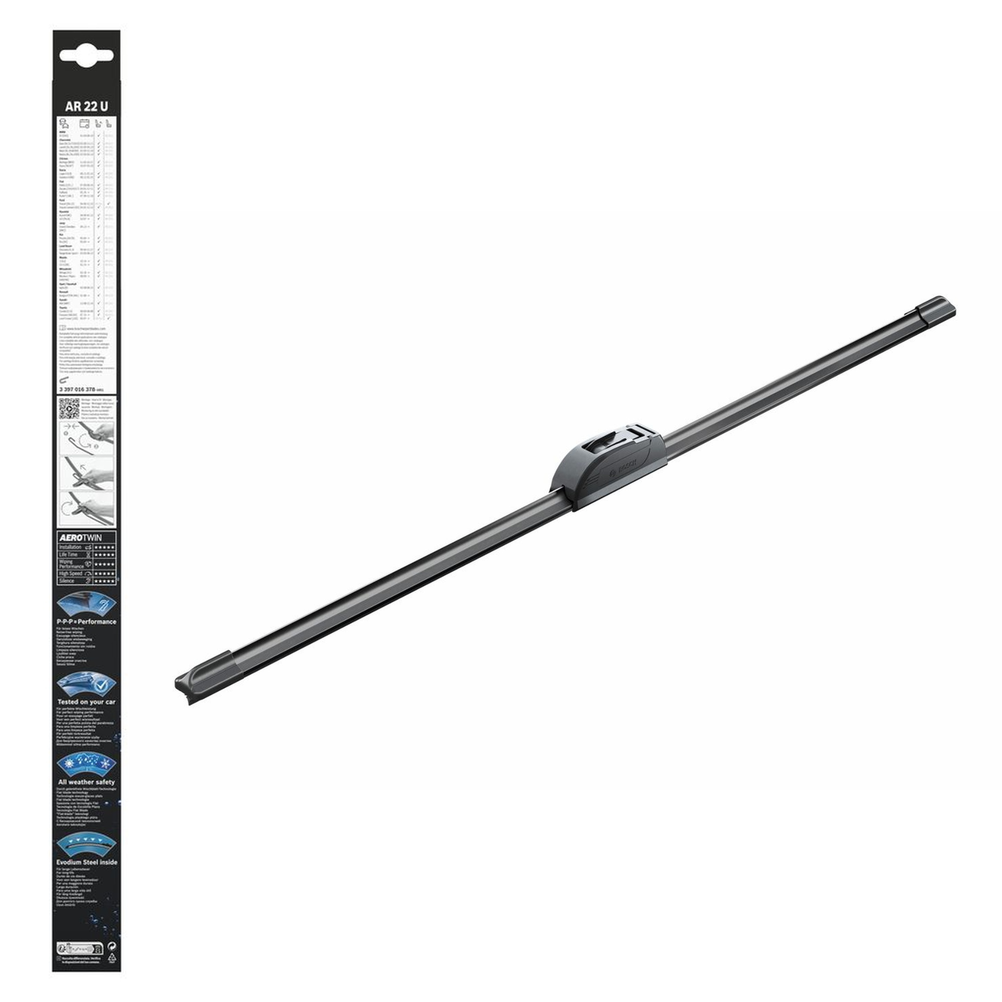 Bosch Aerotwin Rear Wiper Blade AR22U, 22-inch (550 mm) rear windshield wiper with flat aerodynamic design and durable rubber edge for smooth, streak-free wiping