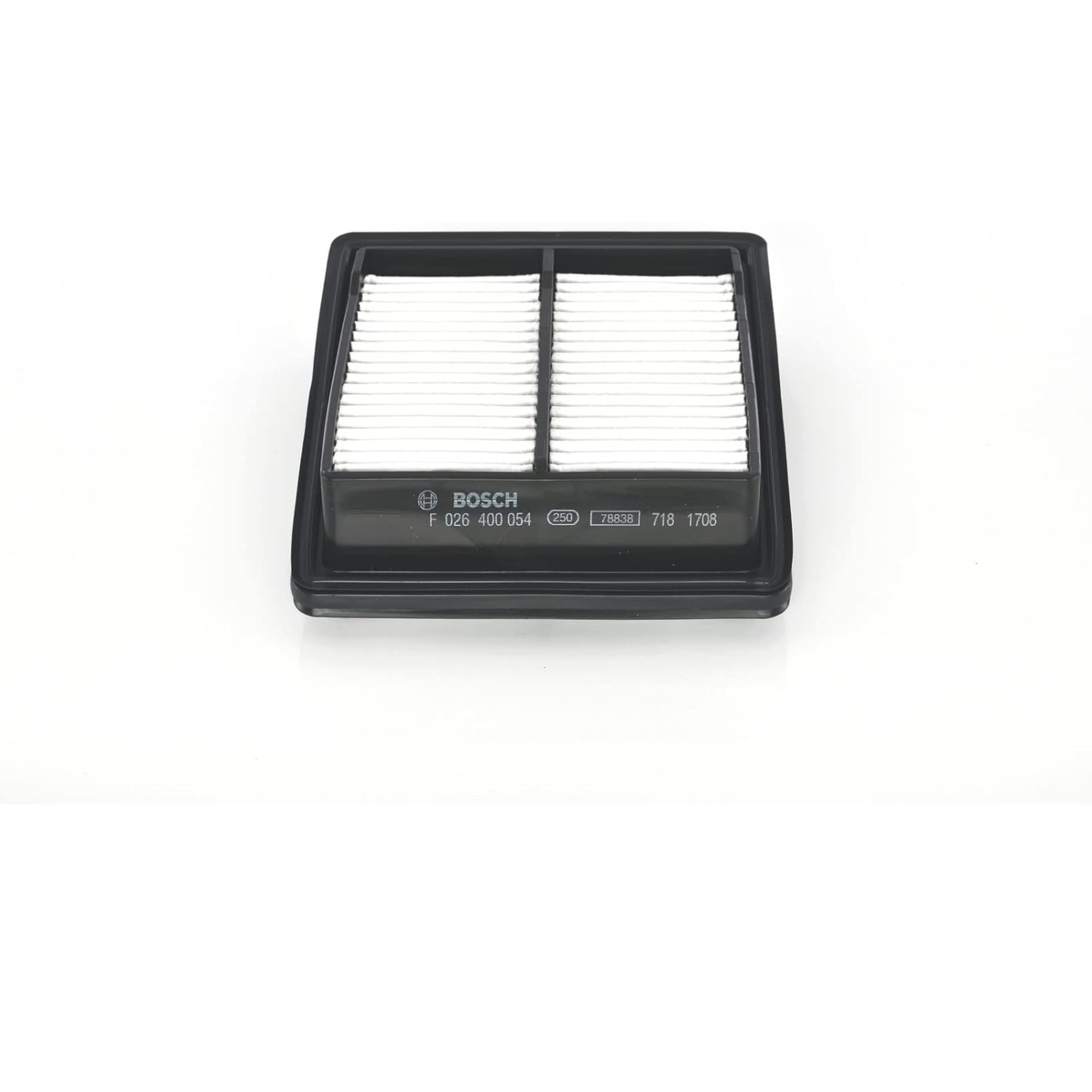 F026400054,S0054,Bosch air filter F026400054 S0054, rectangular automotive engine air filter with pleated paper element and black plastic frame