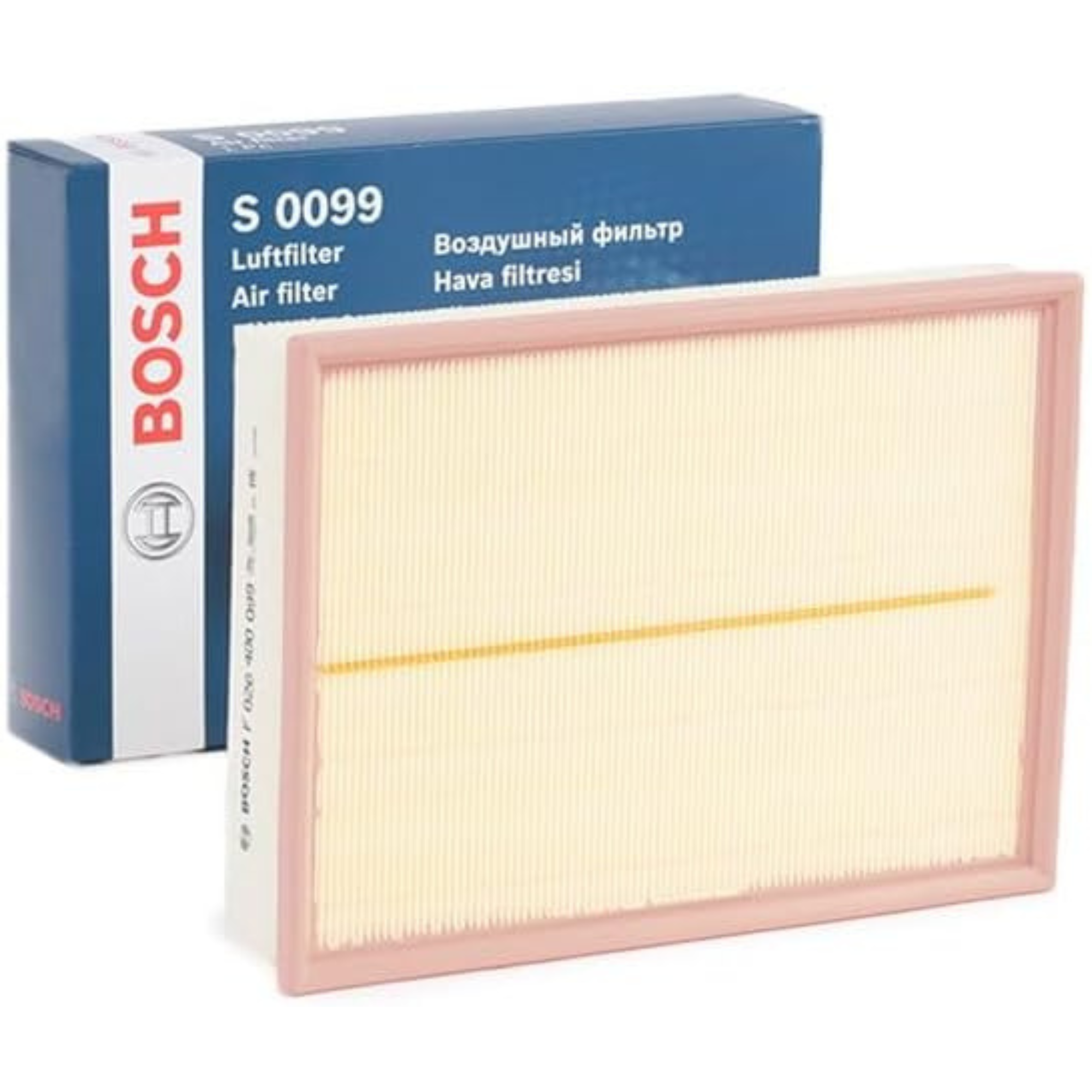 F026400099,S0099,Bosch air filter F026400099 S0099, rectangular automotive engine air filter with pleated paper element and black plastic frame