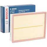 F026400099,S0099,Bosch air filter F026400099 S0099, rectangular automotive engine air filter with pleated paper element and black plastic frame
