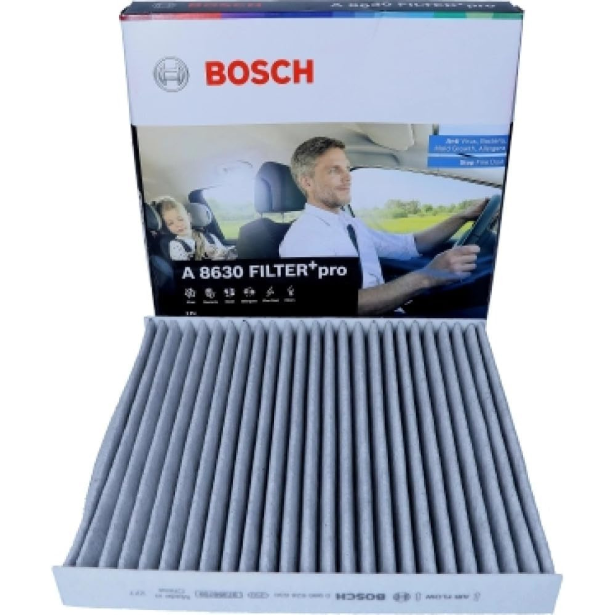 0986628630 - A8630,"Bosch Cabin Air Pollen Filter model 0986628630 (A8630), rectangular automotive air filter with pleated white filtration material and black frame, designed to remove pollen, dust, and other airborne particles from vehicle interiors."