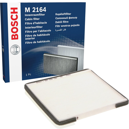 1987432164 - M2164,"Bosch Cabin Air Pollen Filter model 1987432164 (M2164), rectangular automotive air filter with pleated white filtration material and black frame, designed to remove pollen, dust, and other airborne particles from vehicle interiors."