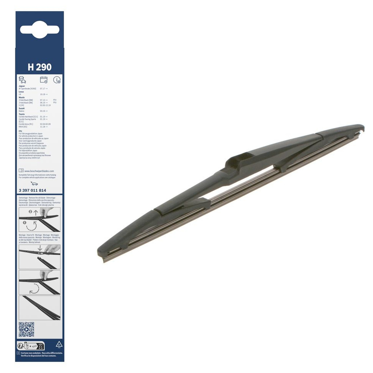 Bosch Conventional Rear Wiper Blade 12" (300mm) - H290, replacement rear windshield wiper for vehicles, model H290