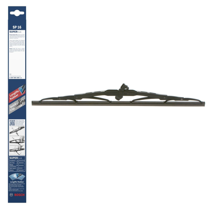 Bosch Super Plus conventional windshield wiper blade, 16-inch (400 mm) model SP16, featuring a black metal frame and durable rubber blade for smooth, streak-free wiping.