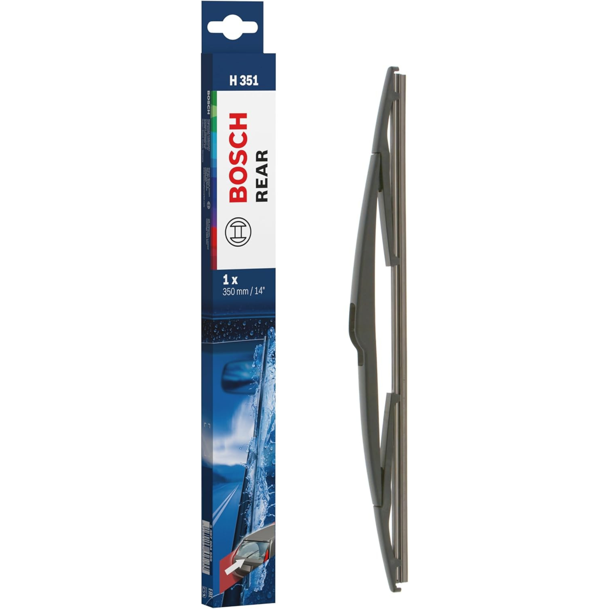 Bosch conventional rear wiper blade, 13-inch (330mm), replacement rear windshield wiper for vehicles, model H351.