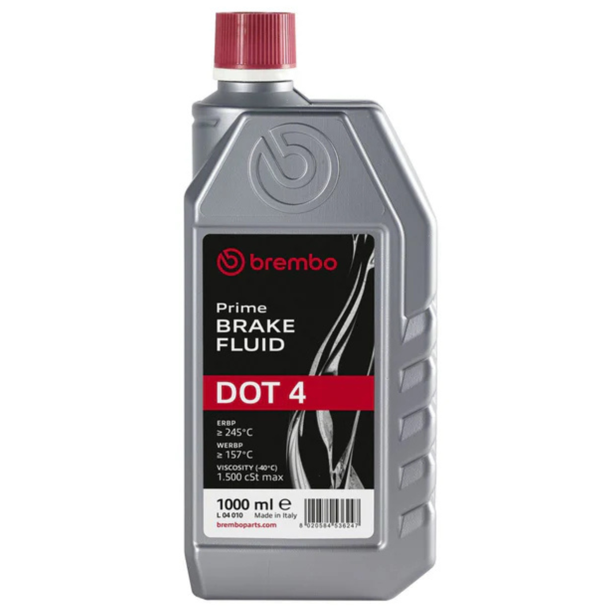 1-litre bottle of Brembo Prime Brake Fluid DOT 4, typically featuring Brembo’s black and yellow branding, designed for reliable performance in standard and high-performance braking systems.