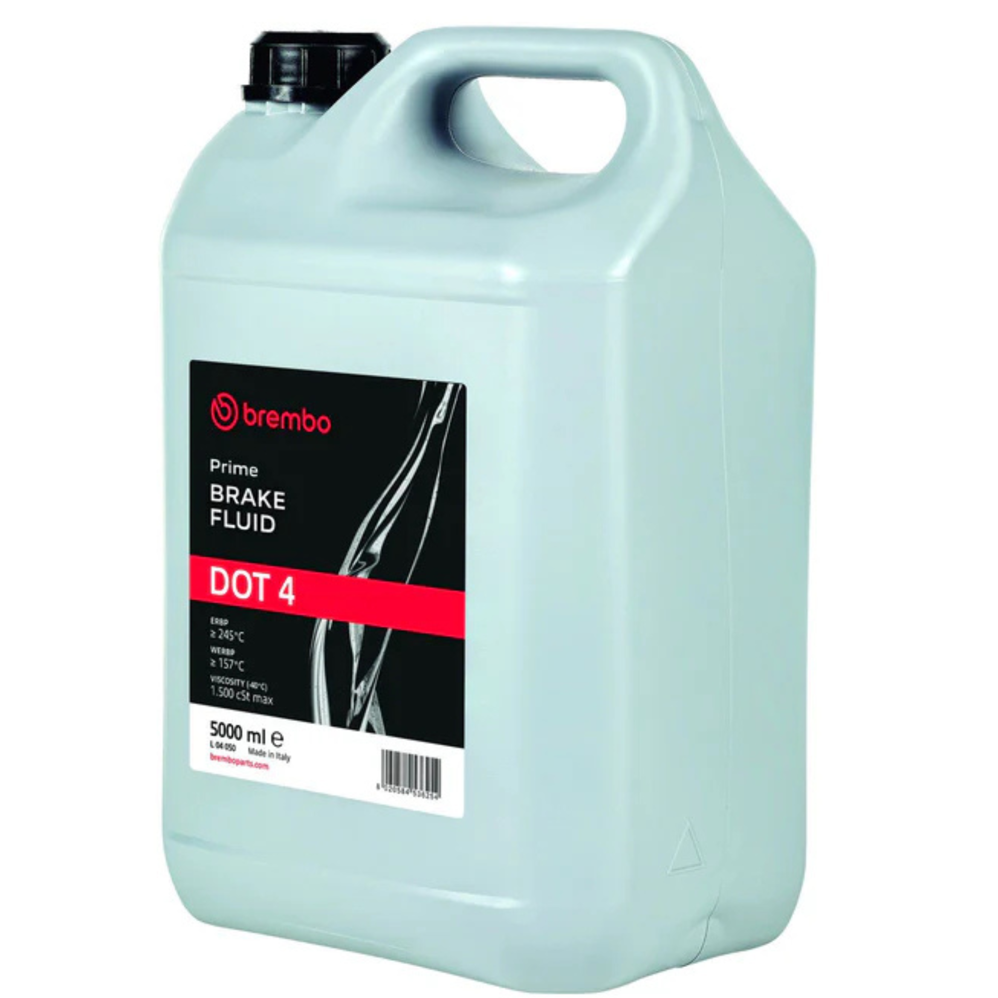 Large 5-litre container of Brembo Prime Brake Fluid DOT 4, typically in a sturdy plastic jug with Brembo’s black and yellow branding, designed for high-performance braking systems and bulk use.