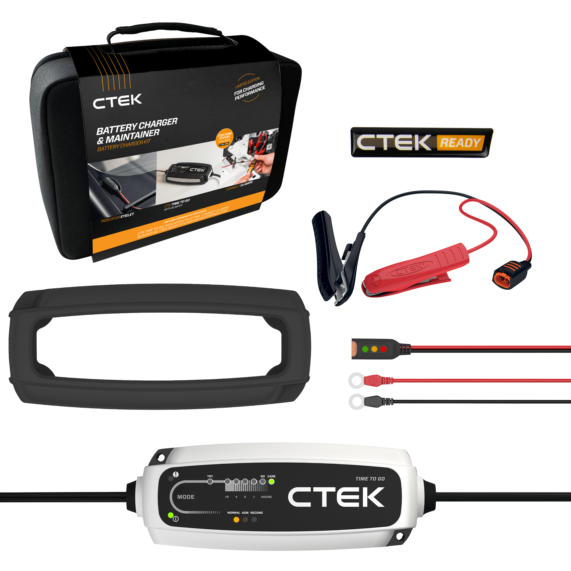 CTEK CT5 Time To Go Battery Charger Kit – an intelligent battery charger and maintainer for 12V lead-acid and lithium batteries, featuring a compact grey and black unit with LED indicators and included cables for easy connection