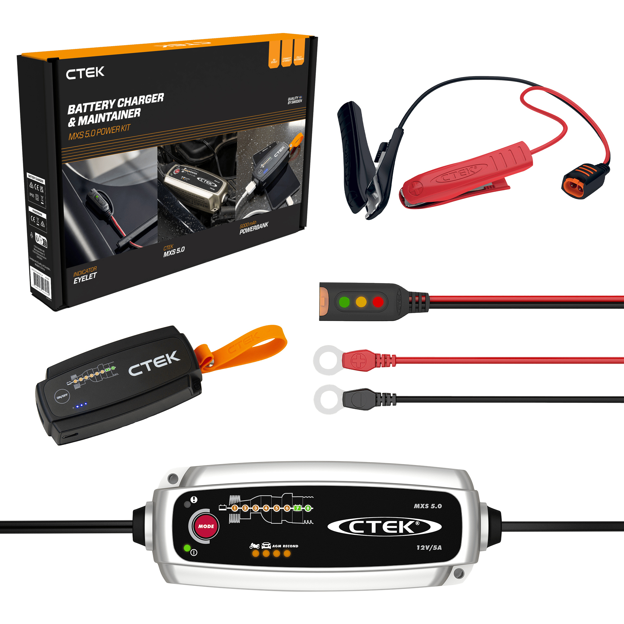 CTEK MXS 5.0 Battery Charger & Maintainer Power Kit UK – a smart charger for 12V lead-acid batteries, featuring a compact grey and black unit with LED display, temperature sensor, and UK power plug, designed for charging, reconditioning, and maintenance
