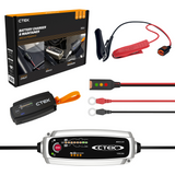 CTEK MXS 5.0 Battery Charger & Maintainer Power Kit UK – a smart charger for 12V lead-acid batteries, featuring a compact grey and black unit with LED display, temperature sensor, and UK power plug, designed for charging, reconditioning, and maintenance