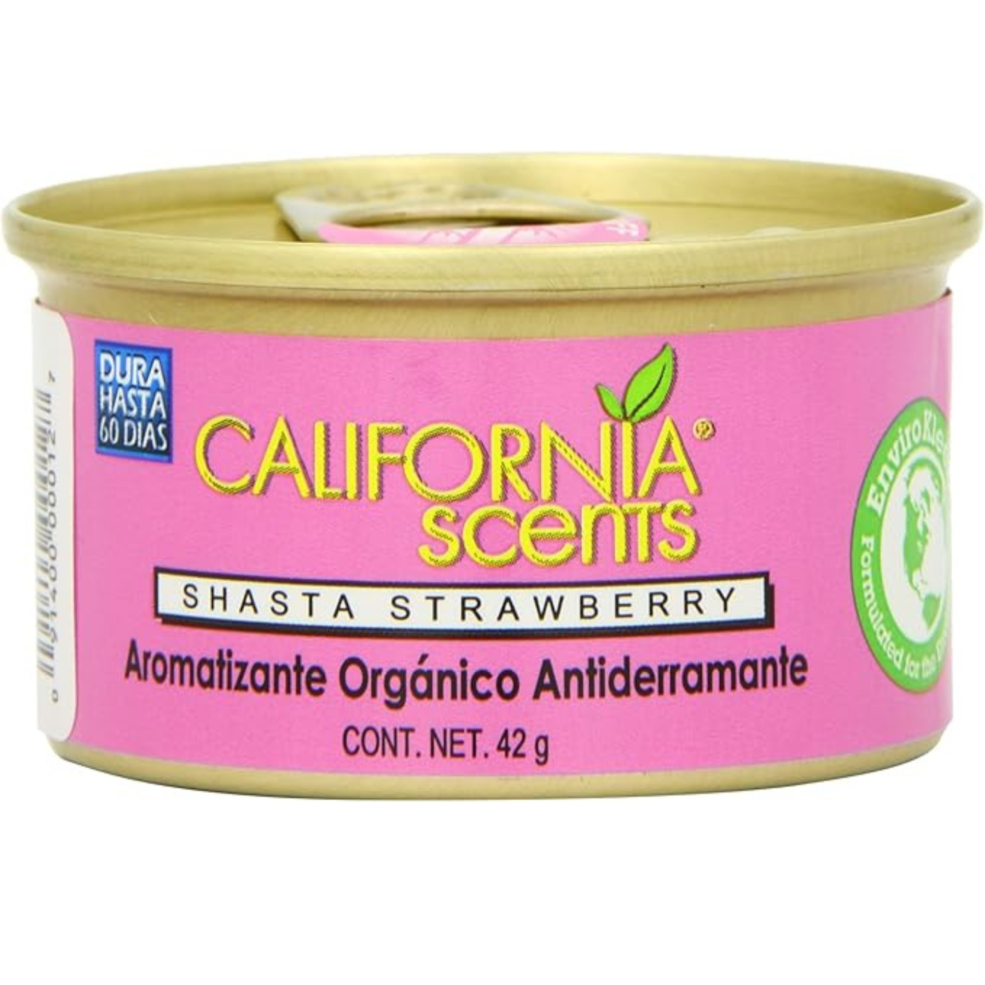 A small tin of California Car Scents air freshener in the Shasta Strawberry scent, designed to provide a long-lasting fruity fragrance for cars.
