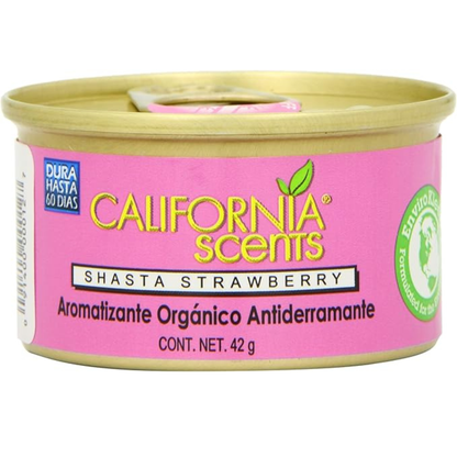 A small tin of California Car Scents air freshener in the Shasta Strawberry scent, designed to provide a long-lasting fruity fragrance for cars.