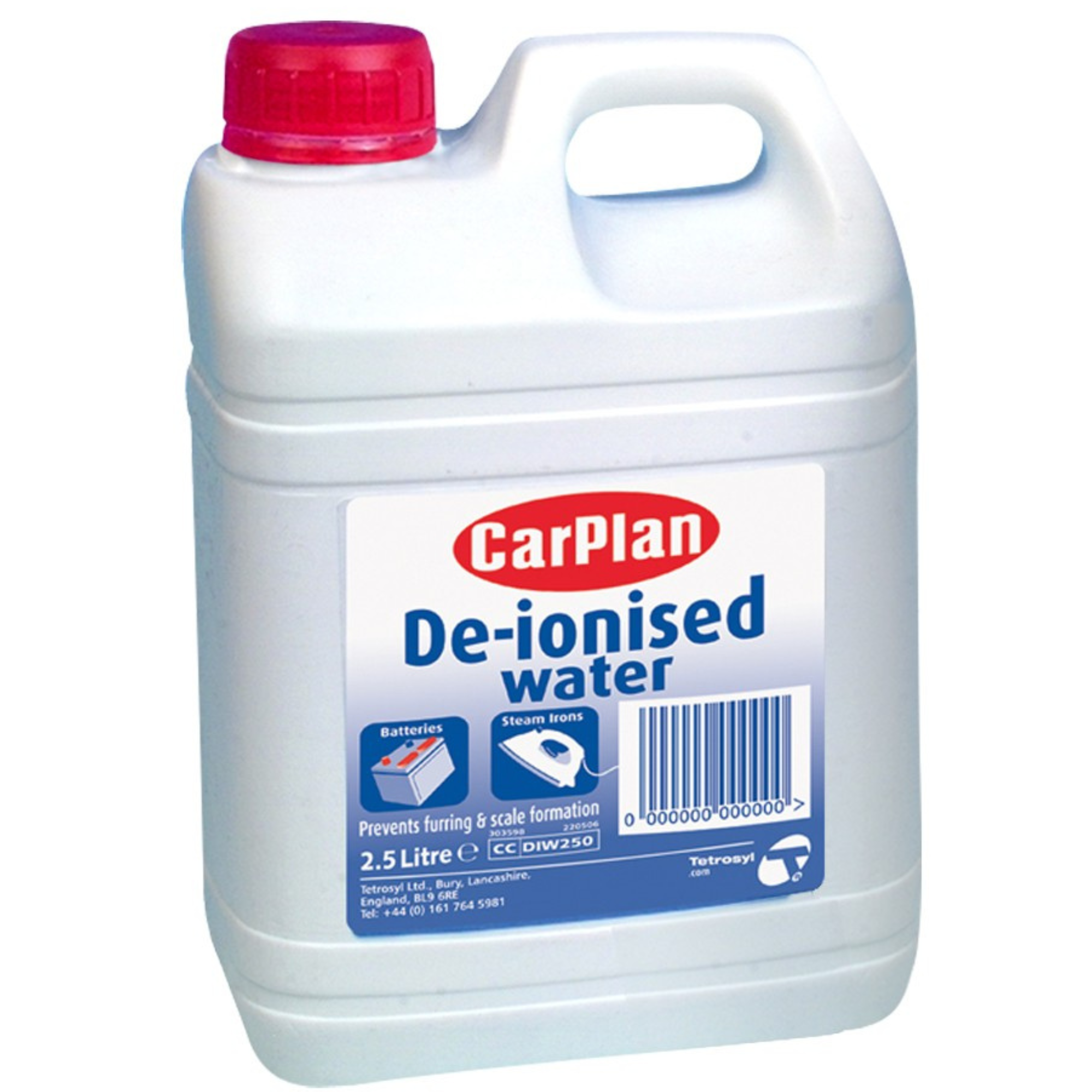  CarPlan De-ionised Water 2.5-litre bottle, clear plastic container with blue label, used for car batteries, cooling systems, and steam irons