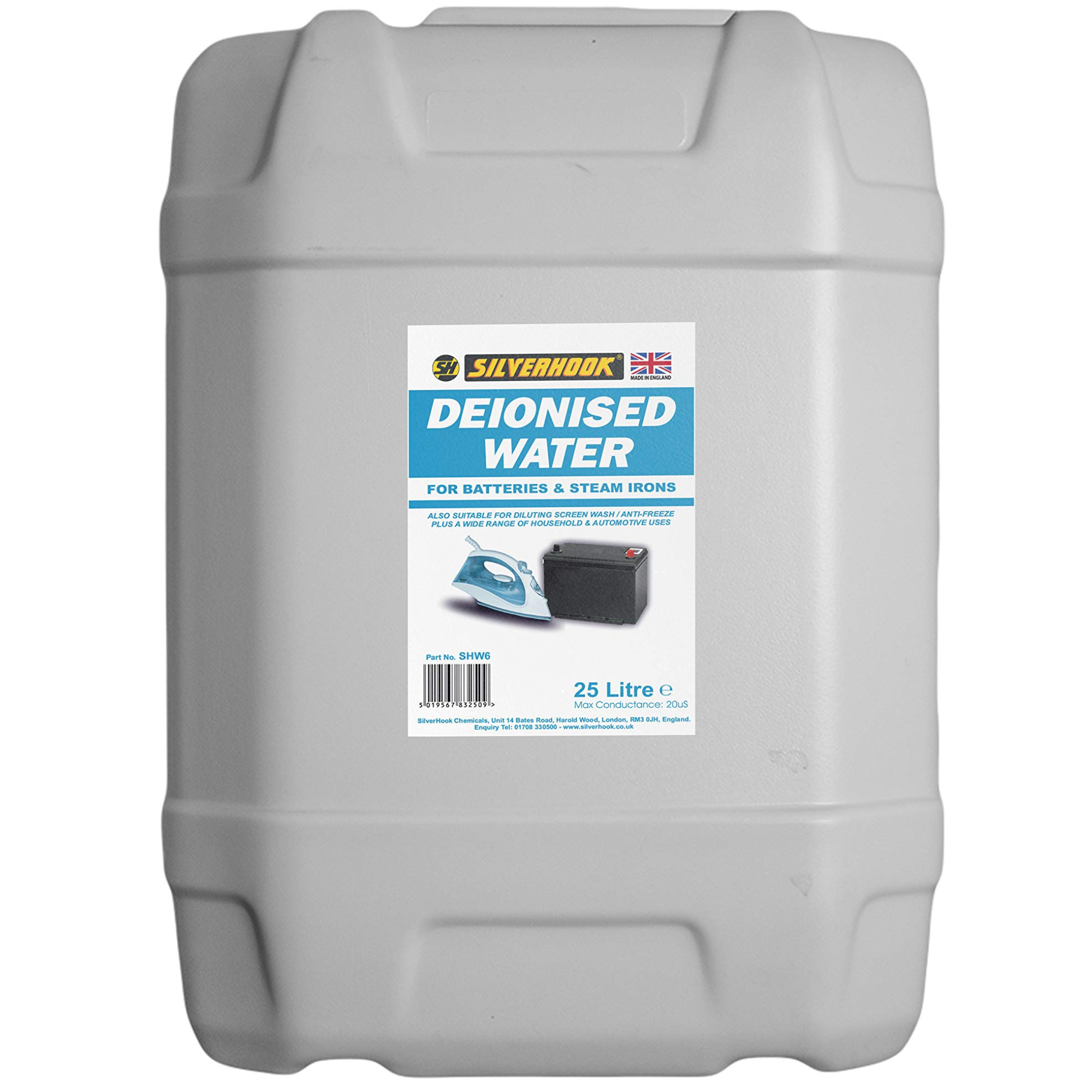 Silverhook de-ionised water in a 25 litre plastic container with handle and screw cap