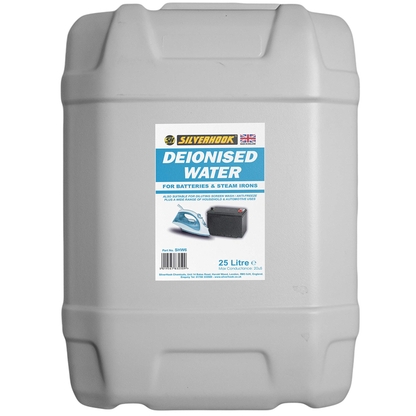 Silverhook de-ionised water in a 25 litre plastic container with handle and screw cap