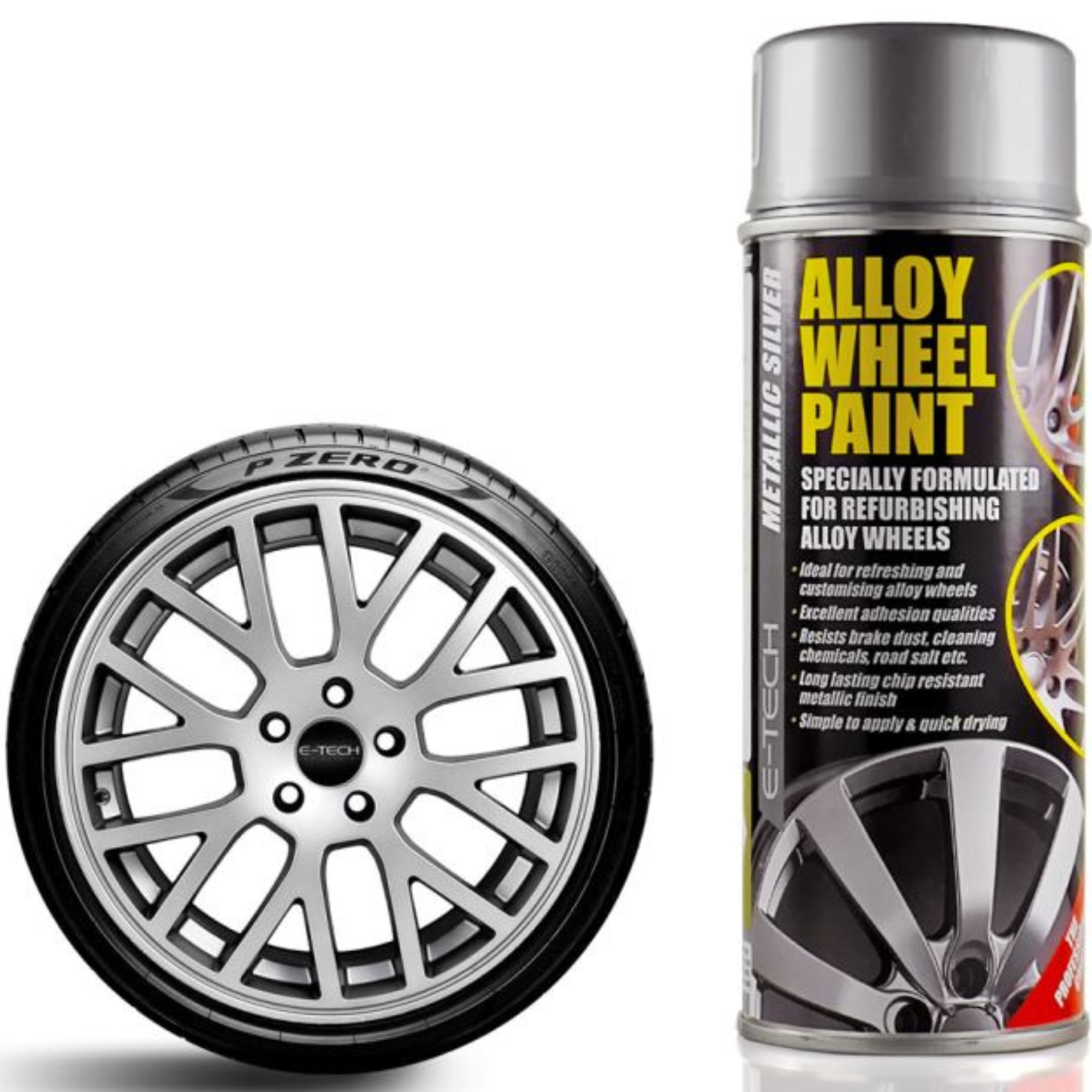 E-Tech Alloy Wheel Paint 400ml Metallic Silver for restoring and protecting alloy wheels with a durable silver finish.