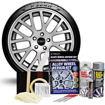 E-Tech Alloy Wheel Refurbishment Kit in Silver, complete kit for restoring and refinishing alloy wheels with a smooth silver finish.