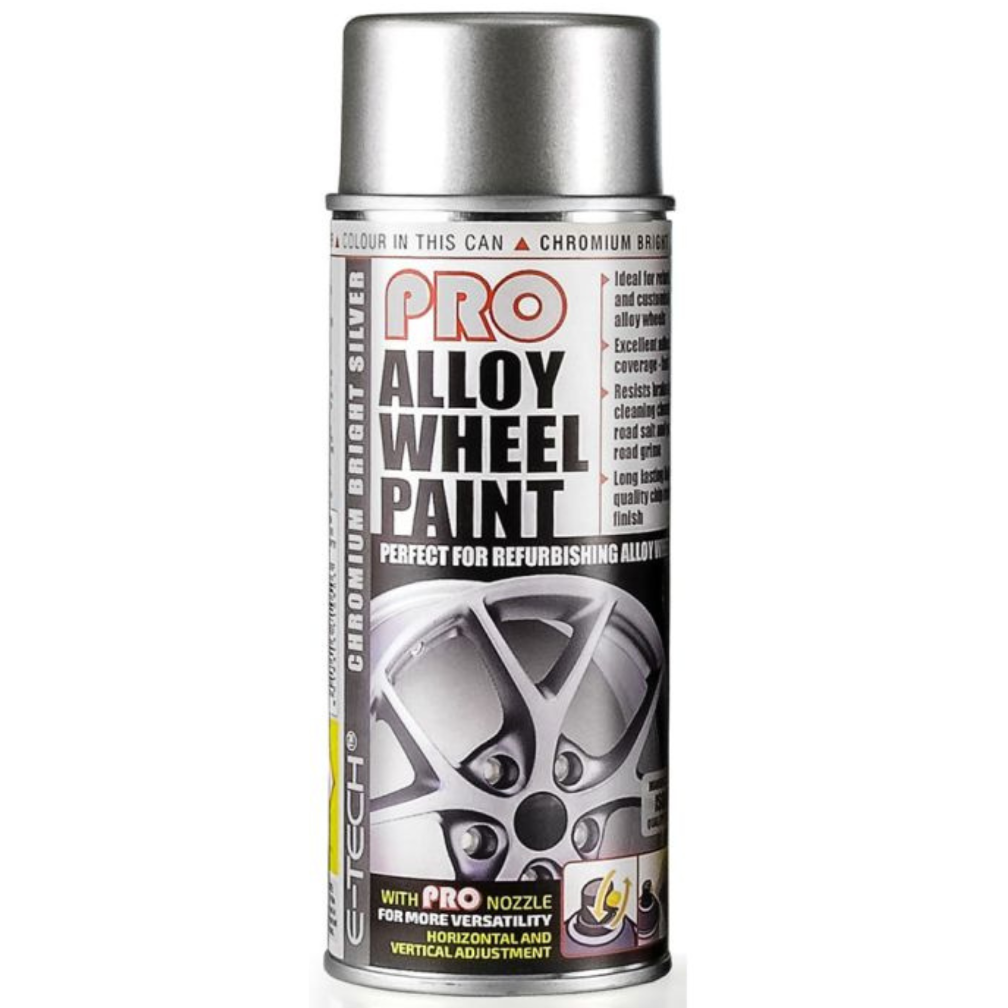 E-Tech Pro Alloy Wheel Silver Spray Paint 400ml for a durable metallic silver finish on alloy wheels.