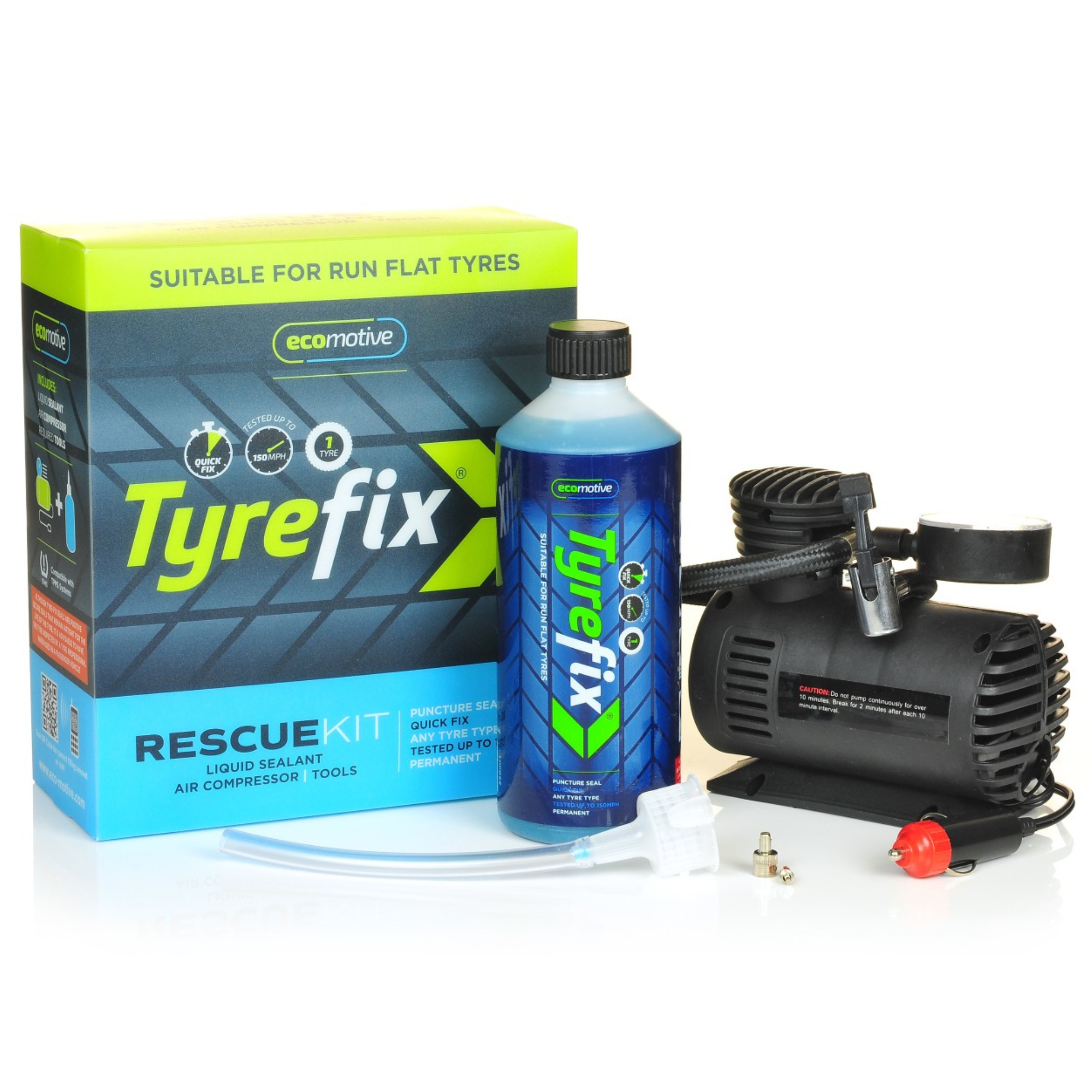 Ecomotive Tyre-Fix single bottle puncture repair sealant with portable air compressor, designed to quickly seal and inflate a flat car tyre in emergencies