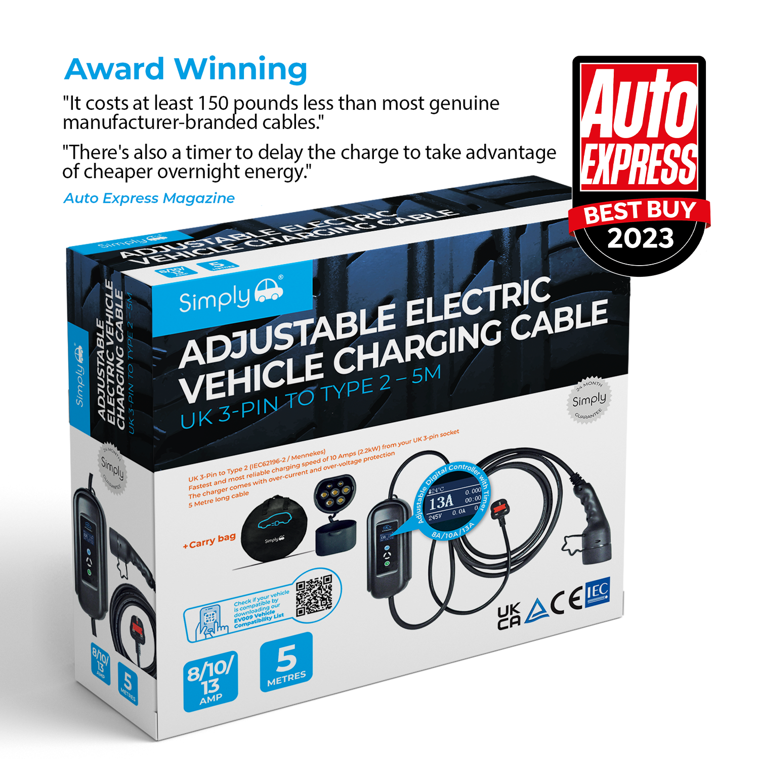 Simply Auto Premium Type 2 To UK 3Pin 5M EV Cable 3.1kW