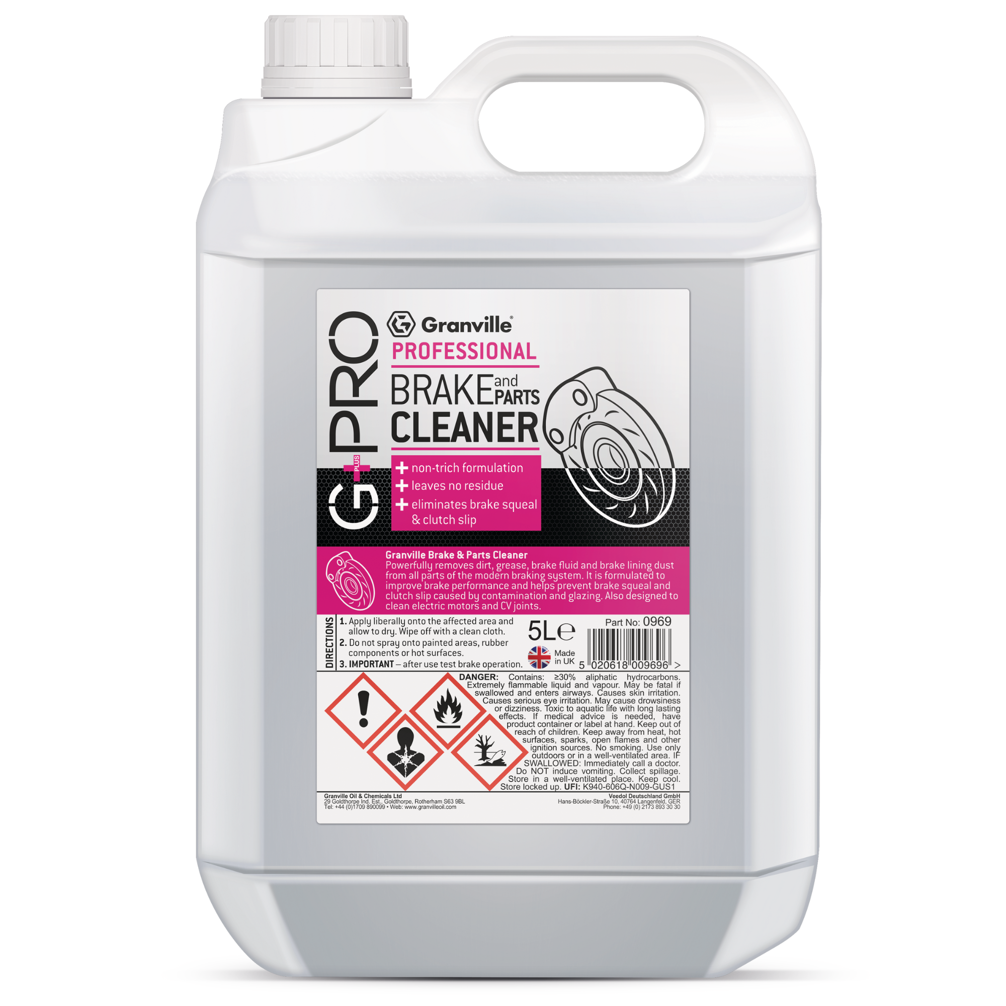 Granville G+Pro Brake & Parts Cleaner 5L container for automotive brake and parts cleaning, degreasing oil, grease, and brake dust