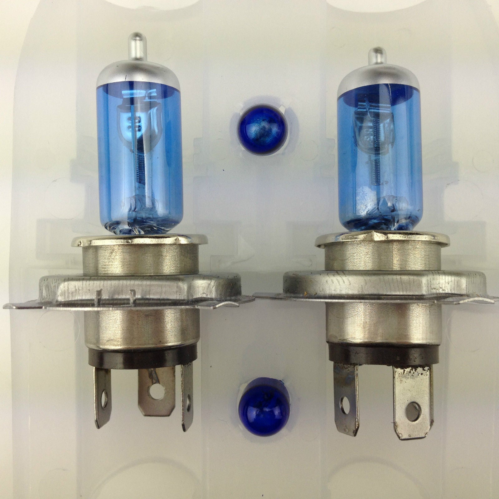 H4 High Wattage Blue Plus headlight bulbs, 12V 100/80W, twin pack, providing enhanced brightness with a blue-tinted light for improved visibility.