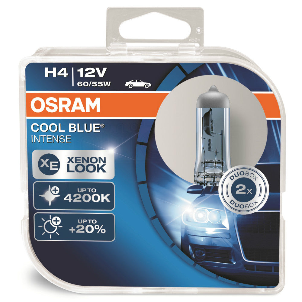 A twin pack of H4 Osram Cool Blue Intense 12V 60/55W 472 headlight bulbs, providing bright white light for improved visibility and a stylish look for vehicles.