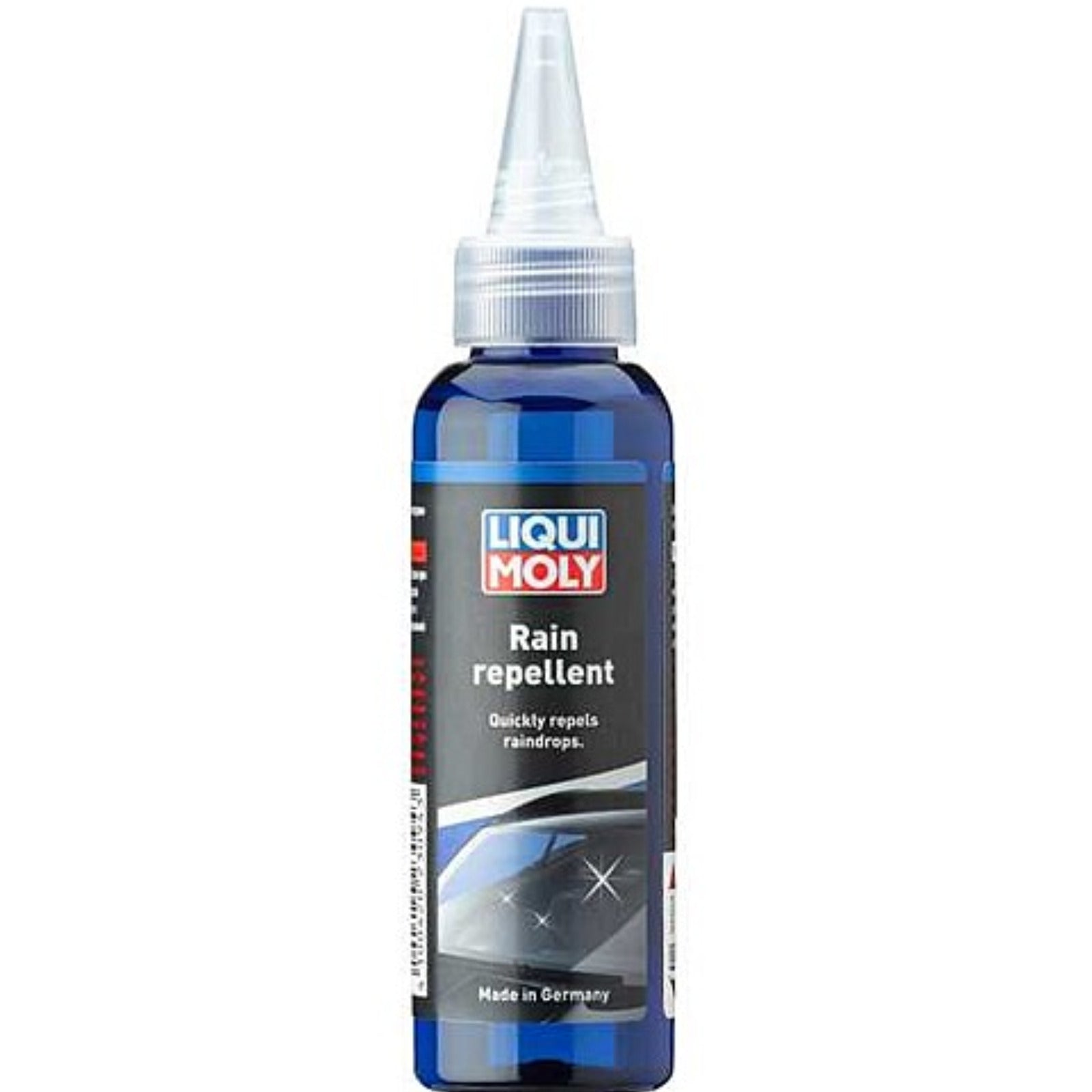 Liqui Moly Fix-clear Rain Repellent 100ml bottle, a transparent liquid treatment designed to improve windshield visibility by repelling rain and water droplets."