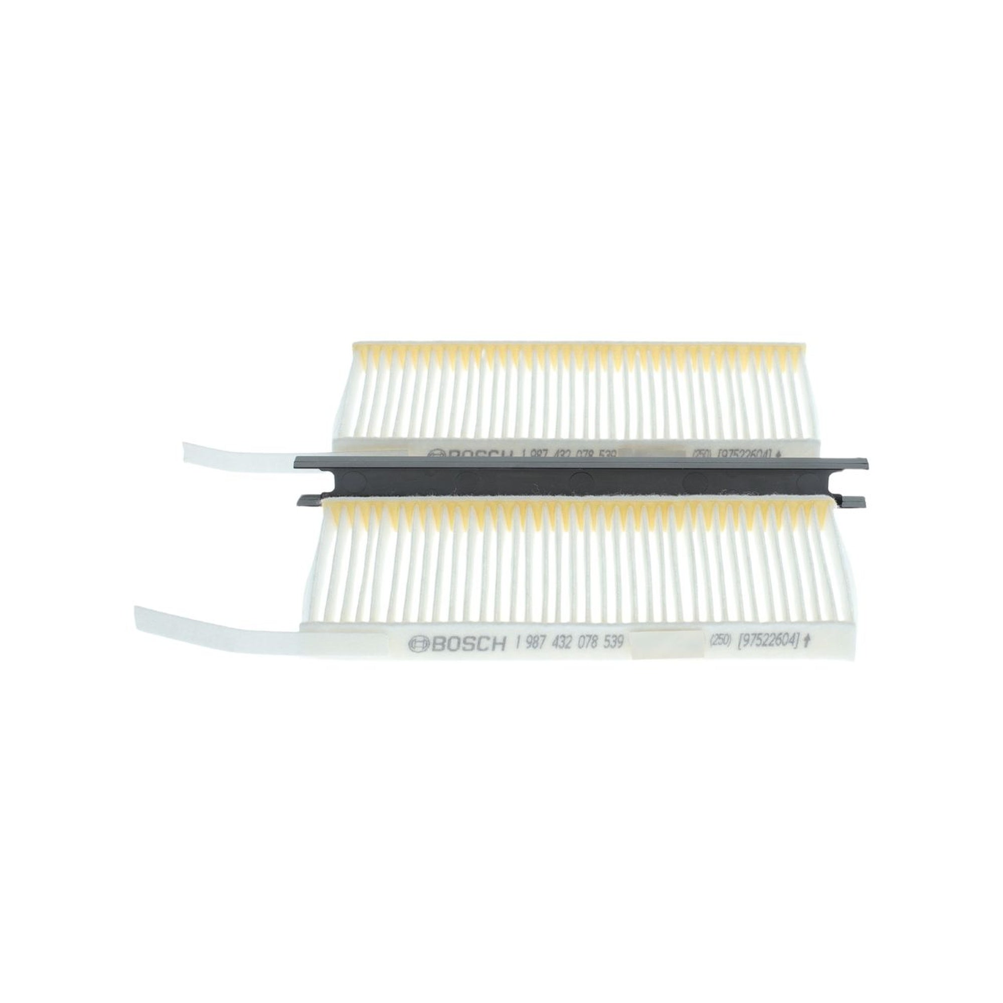 1987432078 - M2078,"Bosch Cabin Air Pollen Filter model 1987432078 (M2078), rectangular automotive air filter with pleated white filtration material and black frame, designed to remove pollen, dust, and other airborne particles from vehicle interiors."
