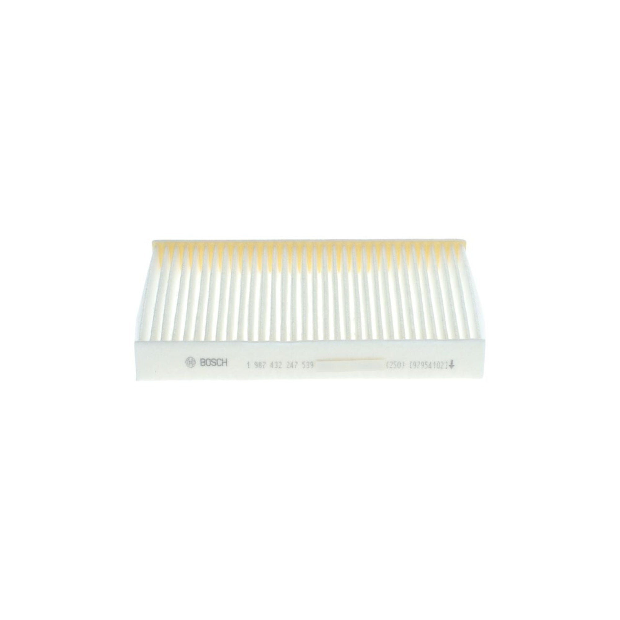 1987432247 - M2247,"Bosch Cabin Air Pollen Filter model 1987432247 (M2247), rectangular automotive air filter with pleated white filtration material and black frame, designed to remove pollen, dust, and other airborne particles from vehicle interiors."