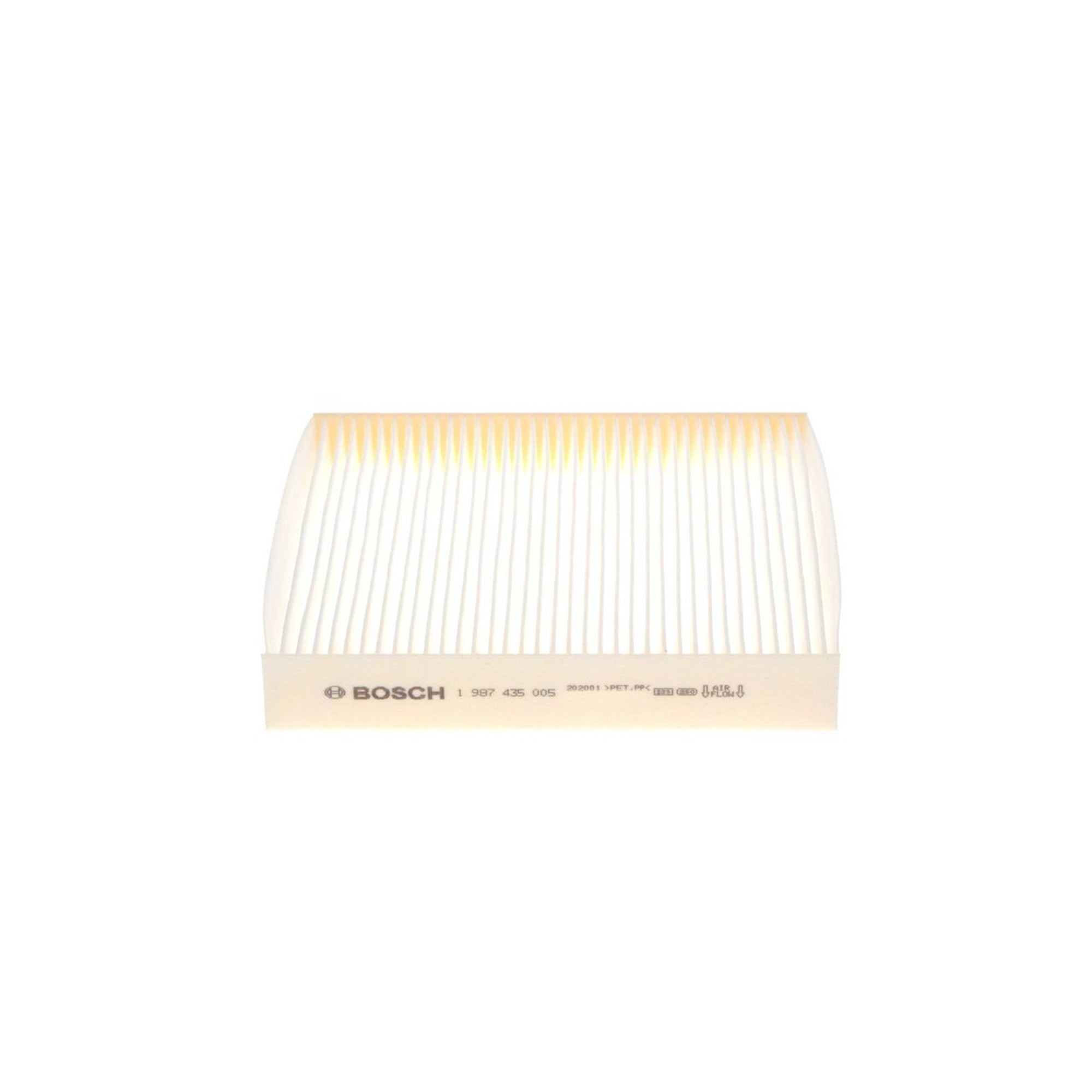 1987435005 - M5005,"Bosch Cabin Air Pollen Filter model 1987435005 (M5005), rectangular automotive air filter with pleated white filtration material and black frame, designed to remove pollen, dust, and other airborne particles from vehicle interiors."