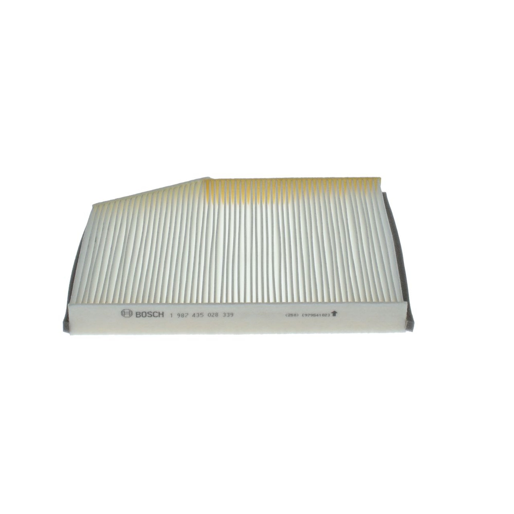 1987435028 - M5028,"Bosch Cabin Air Pollen Filter model 1987435028 (M5028), rectangular automotive air filter with pleated white filtration material and black frame, designed to remove pollen, dust, and other airborne particles from vehicle interiors."