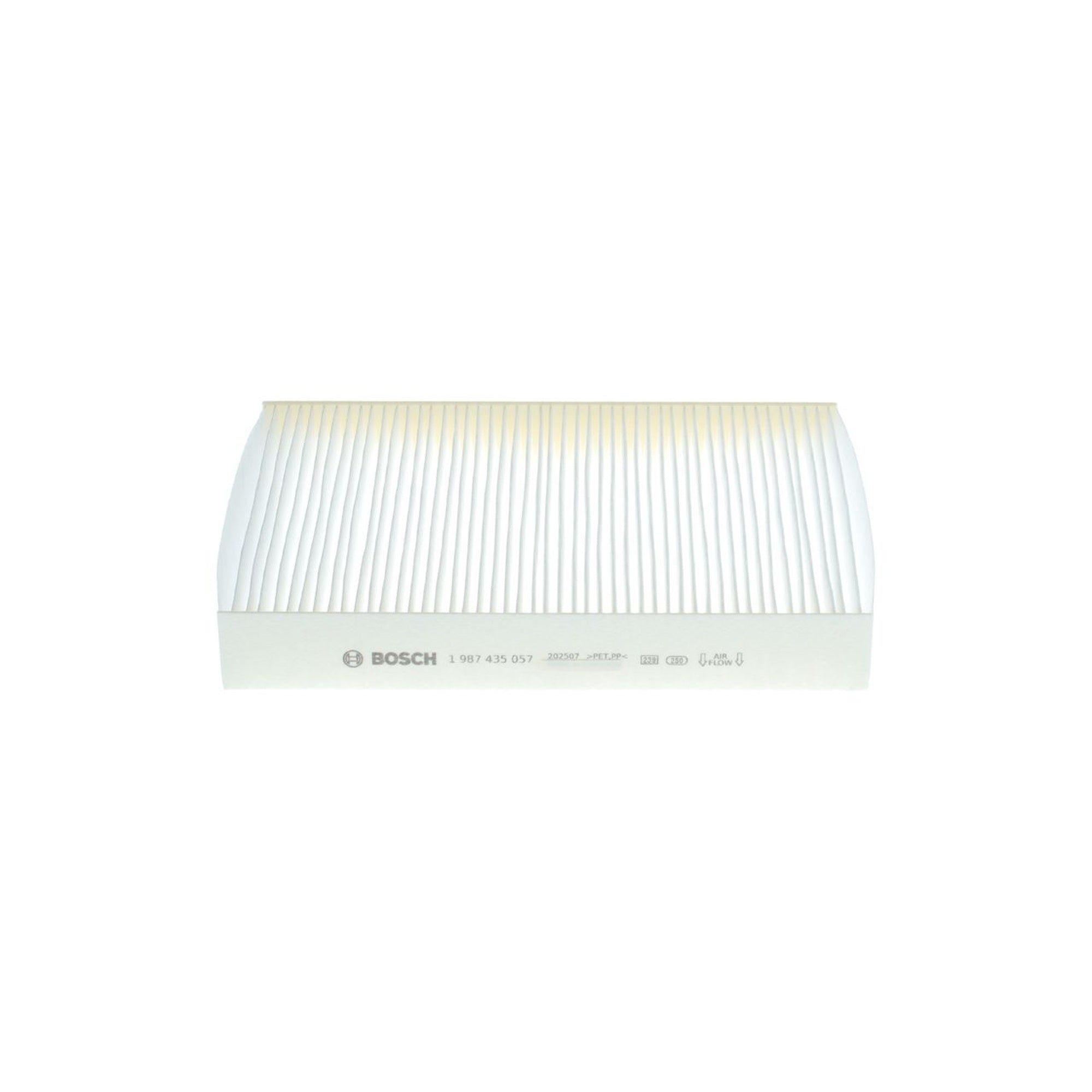 1987435057 - M5057,"Bosch Cabin Air Pollen Filter model 1987435057 (M5057), rectangular automotive air filter with pleated white filtration material and black frame, designed to remove pollen, dust, and other airborne particles from vehicle interiors."