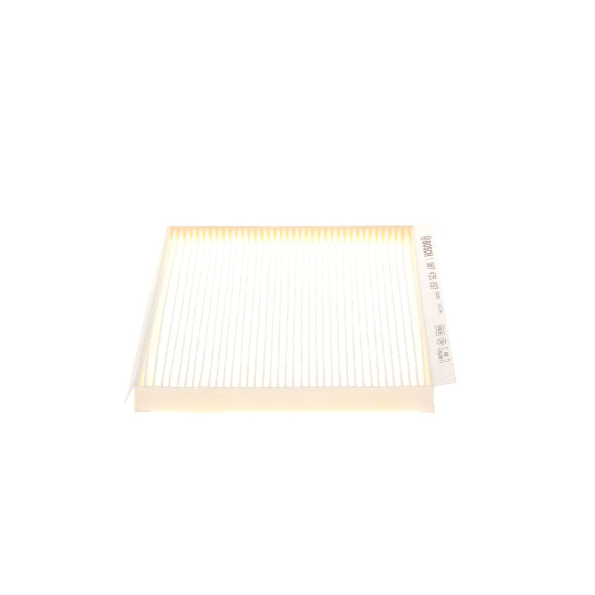 1987435097 - M5097,"Bosch Cabin Air Pollen Filter model 1987435097 (M5097), rectangular automotive air filter with pleated white filtration material and black frame, designed to remove pollen, dust, and other airborne particles from vehicle interiors."