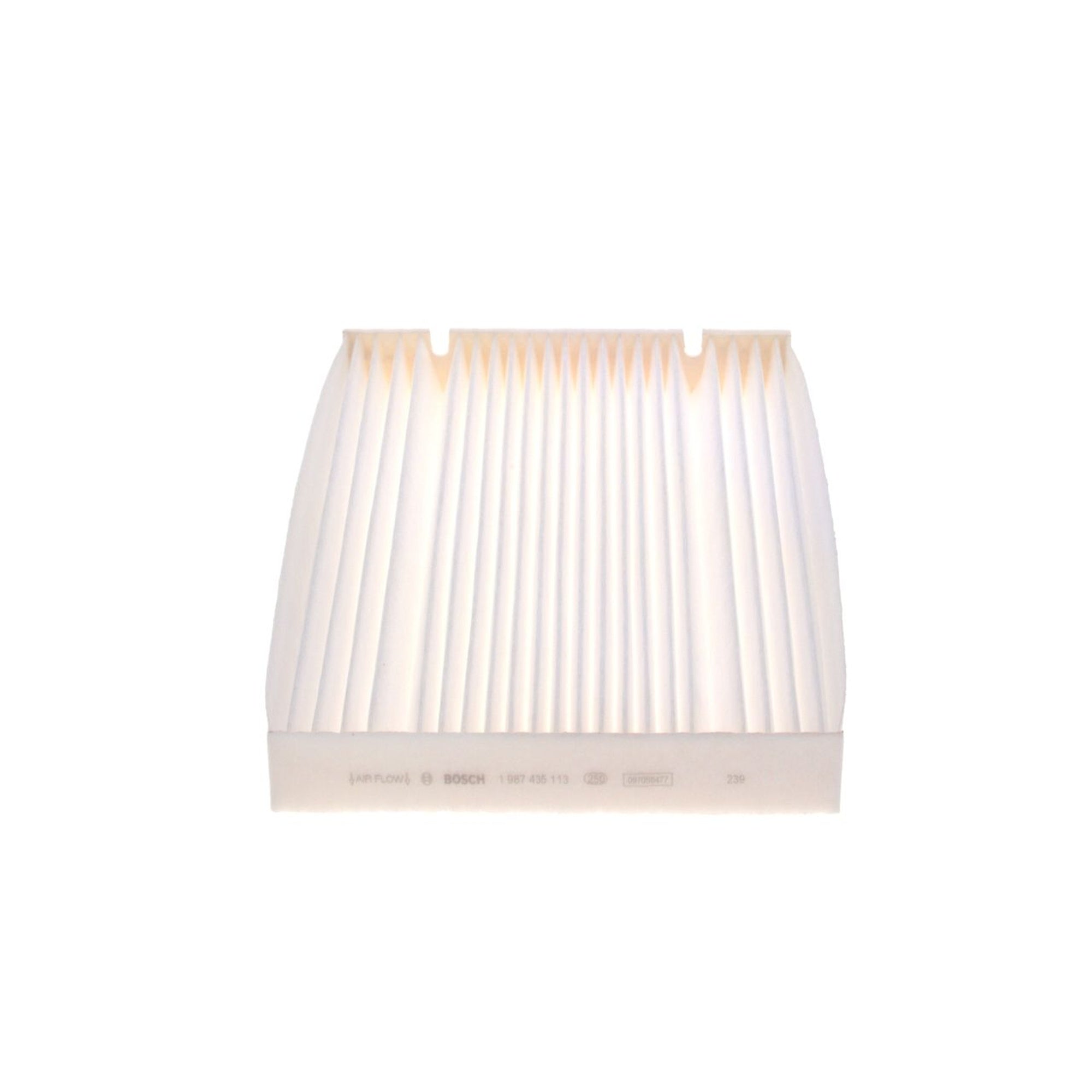 1987435082 - M5082,"Bosch Cabin Air Pollen Filter model 1987435082 (M5082), rectangular automotive air filter with pleated white filtration material and black frame, designed to remove pollen, dust, and other airborne particles from vehicle interiors."