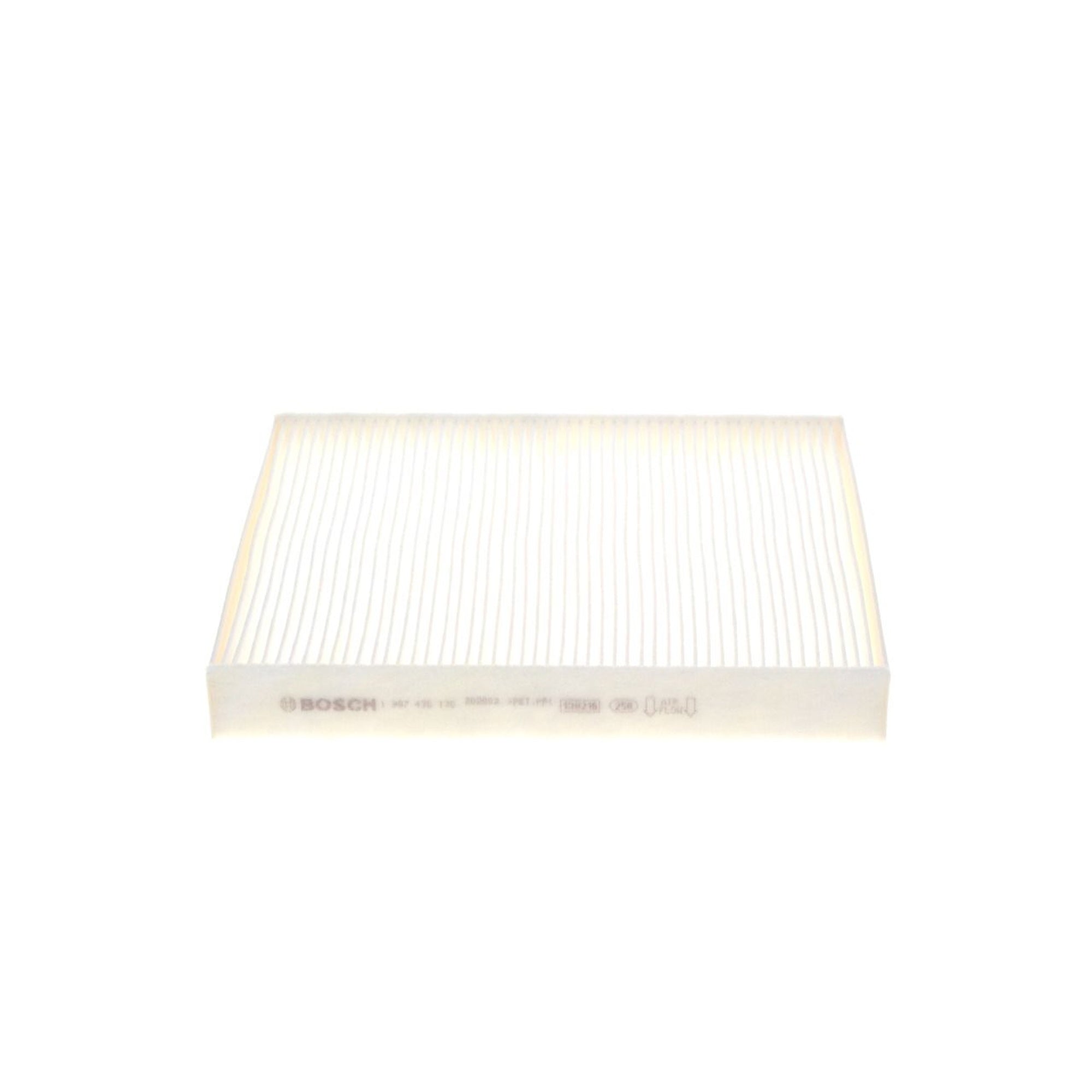 1987435135 - M5135,"Bosch Cabin Air Pollen Filter model 1987435135 (M5135), rectangular automotive air filter with pleated white filtration material and black frame, designed to remove pollen, dust, and other airborne particles from vehicle interiors."