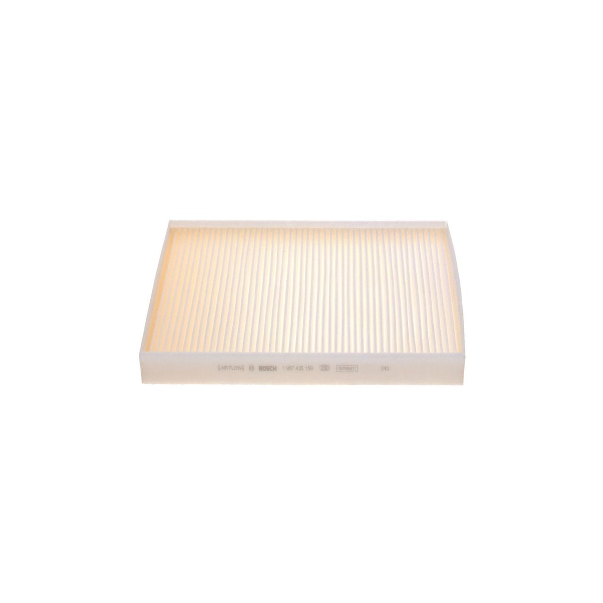 1987435159 - M5159,"Bosch Cabin Air Pollen Filter model 1987435159 (M5159), rectangular automotive air filter with pleated white filtration material and black frame, designed to remove pollen, dust, and other airborne particles from vehicle interiors."