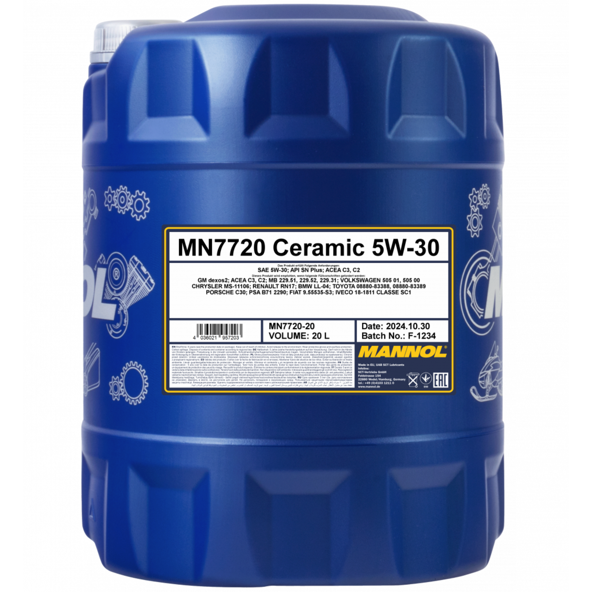 MANNOL Engine Oil Ceramic 5W-30 7720 – 20-liter container of high-performance synthetic engine oil with ceramic additives, in a durable plastic canister featuring a molded handle and branded front label