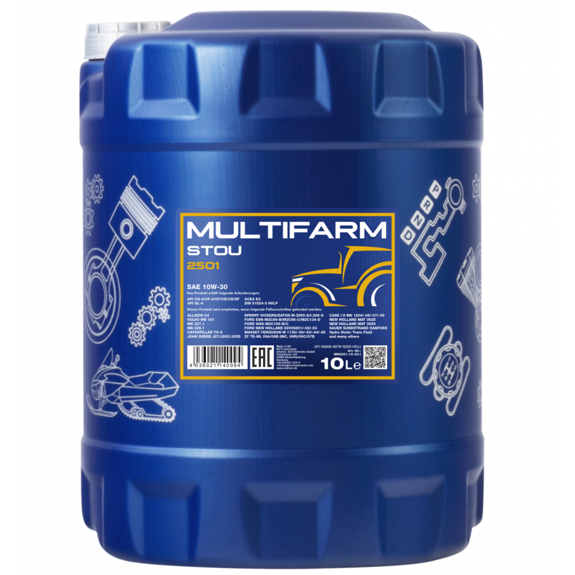 MANNOL Multifarm STOU 10W-30 2501 – 10-liter container of multi-purpose engine oil for tractors and agricultural machinery, featuring a sturdy plastic canister with labeled front and ergonomic handle.