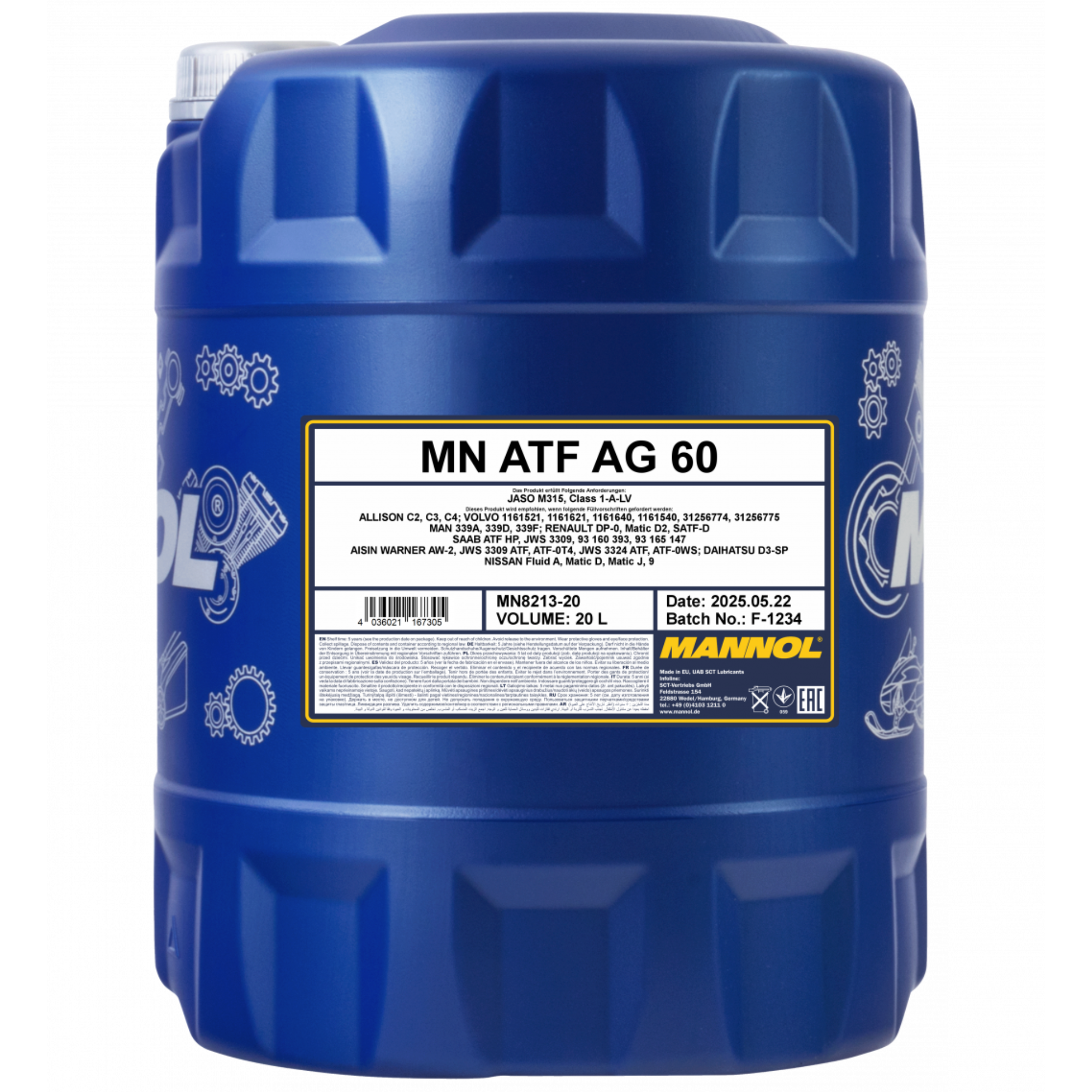 MANNOL ATF AG60 8213 – 20-liter container of high-performance automatic transmission fluid for modern vehicles, in a durable plastic canister with ergonomic handle and detailed product label.