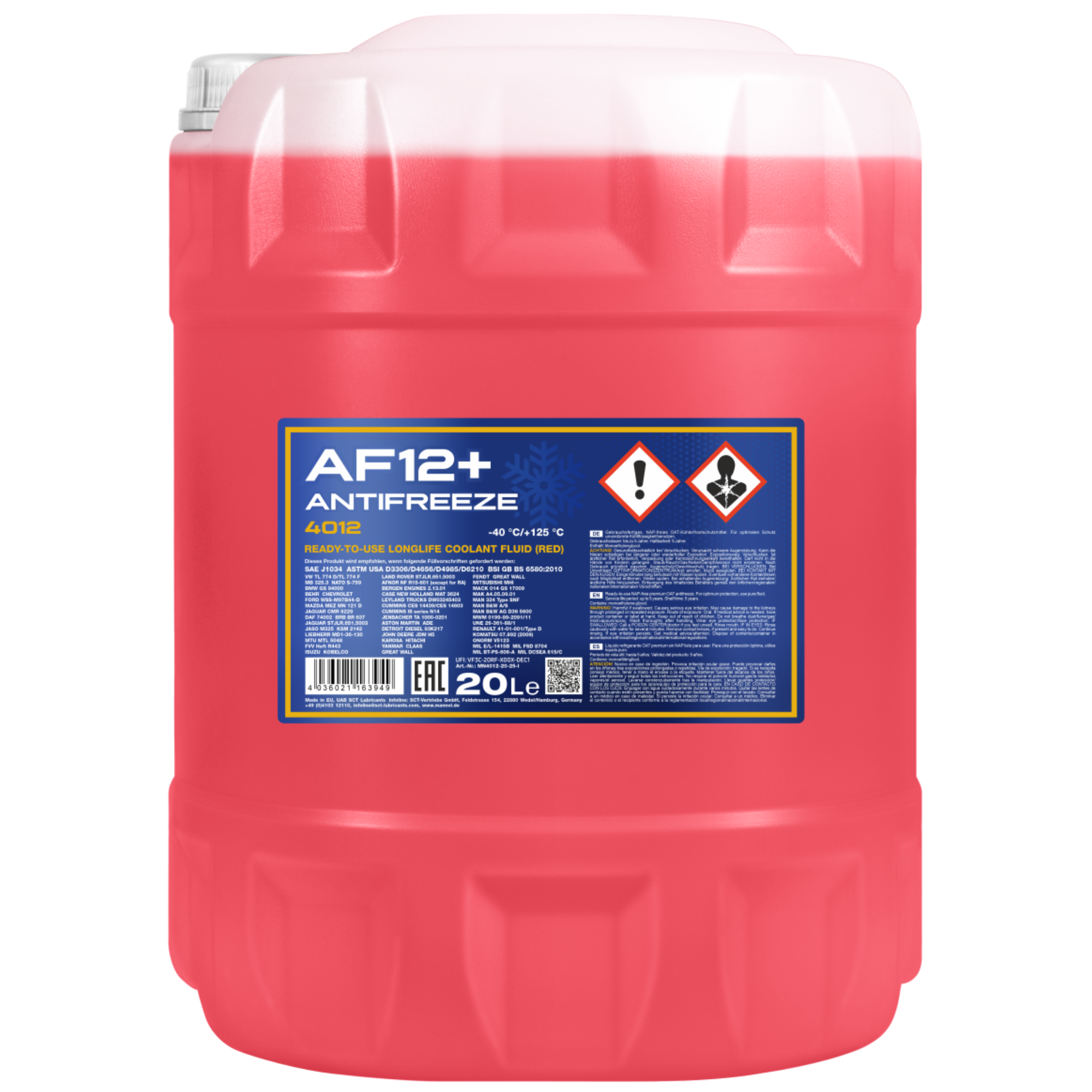 MANNOL Antifreeze AF12+ Longlife 4012 20L engine coolant with -40°C freeze protection.