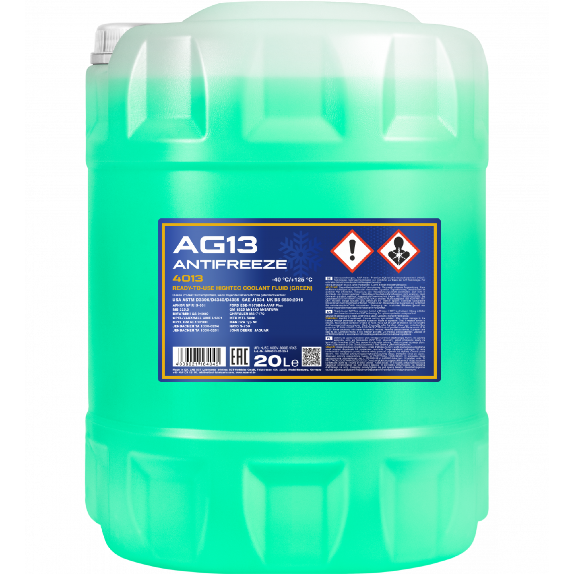 MANNOL Antifreeze AG13 Hightec 4013 – 20-liter container of green coolant and antifreeze rated to -40 °C, designed for modern engines, in a robust plastic canister with screw cap and labeled front.